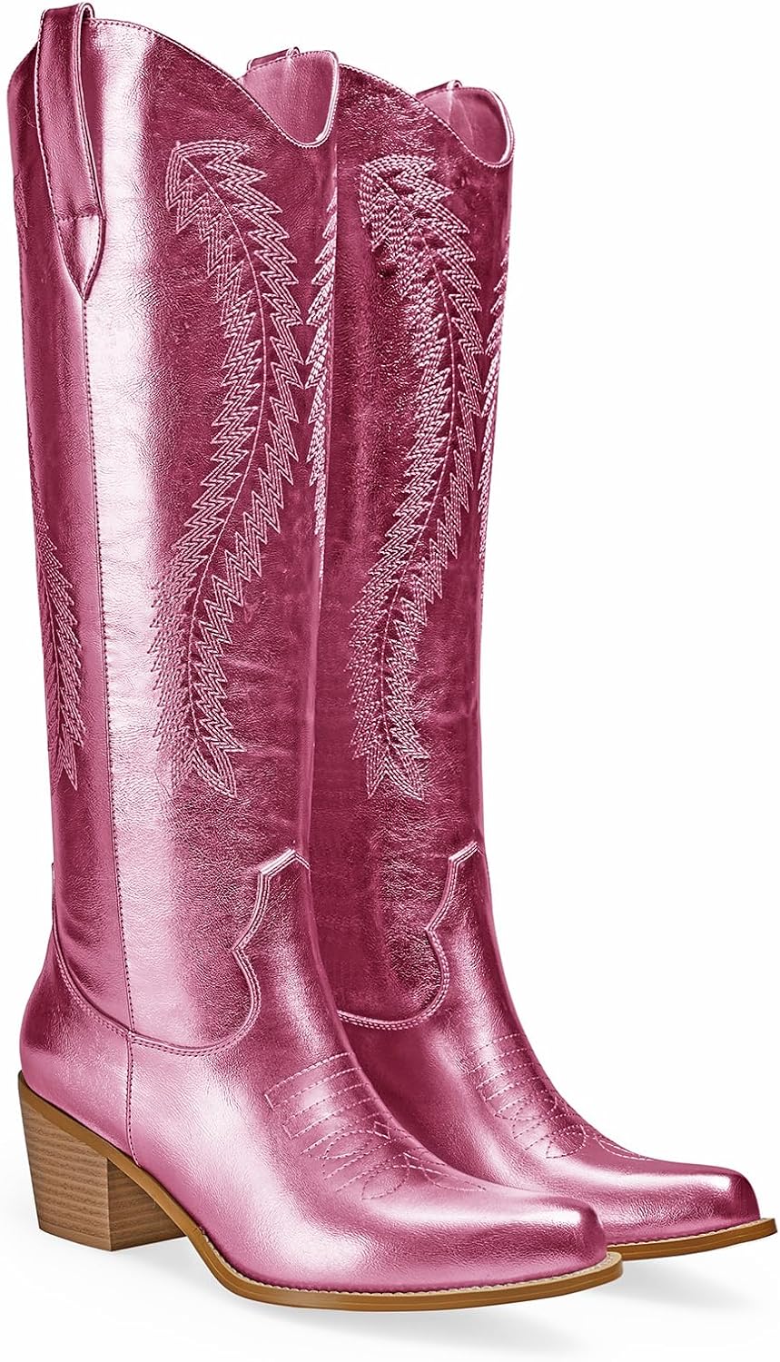 Metallic Cowboy Boots for Women Sparkly Embroidery Wide Calf Cowgirl Boots Mide Calf Western Fashion Chunky Heel Pull on Pointy Toe Shiny Classic Party Retro Boots