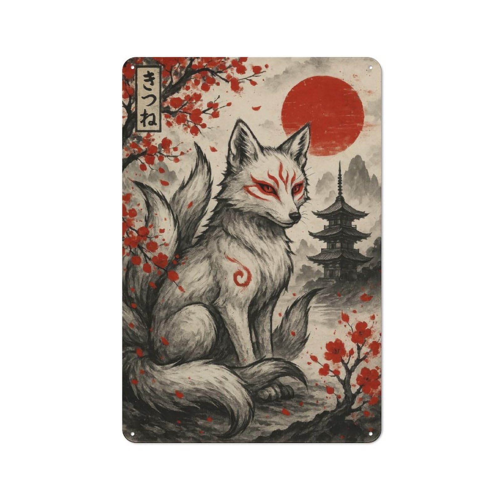 Cafe Style Decorative Metal Plaque 30x20cm Featuring Nine-tailed Fox with Japanese Landscape, Bistro Wall Plaque for Tea Room, Shop Wall Or Breakfast Area