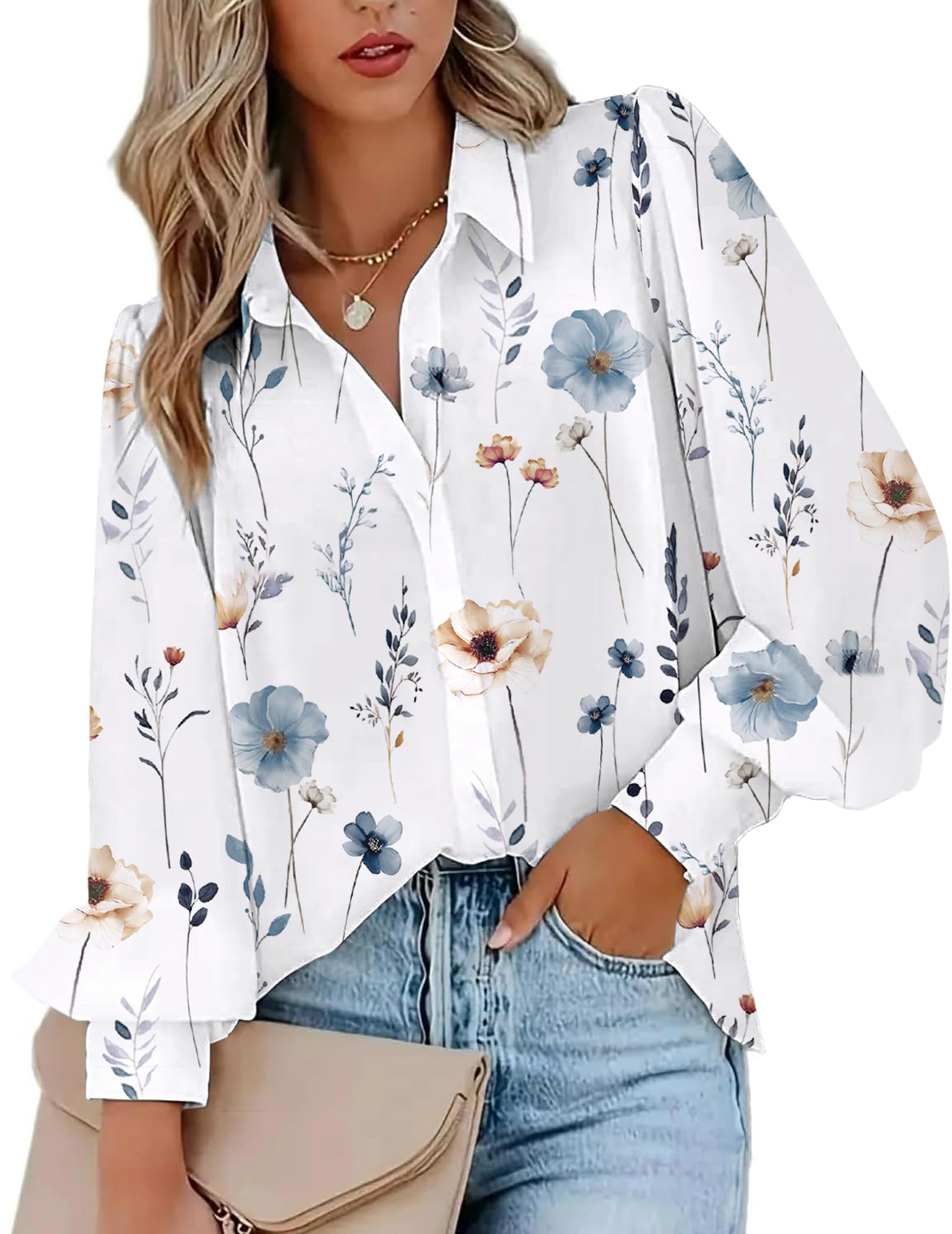 Womens Shirts Button Down Printed Lantern Long Sleeve Blouse Fashion Casual Tops 2025