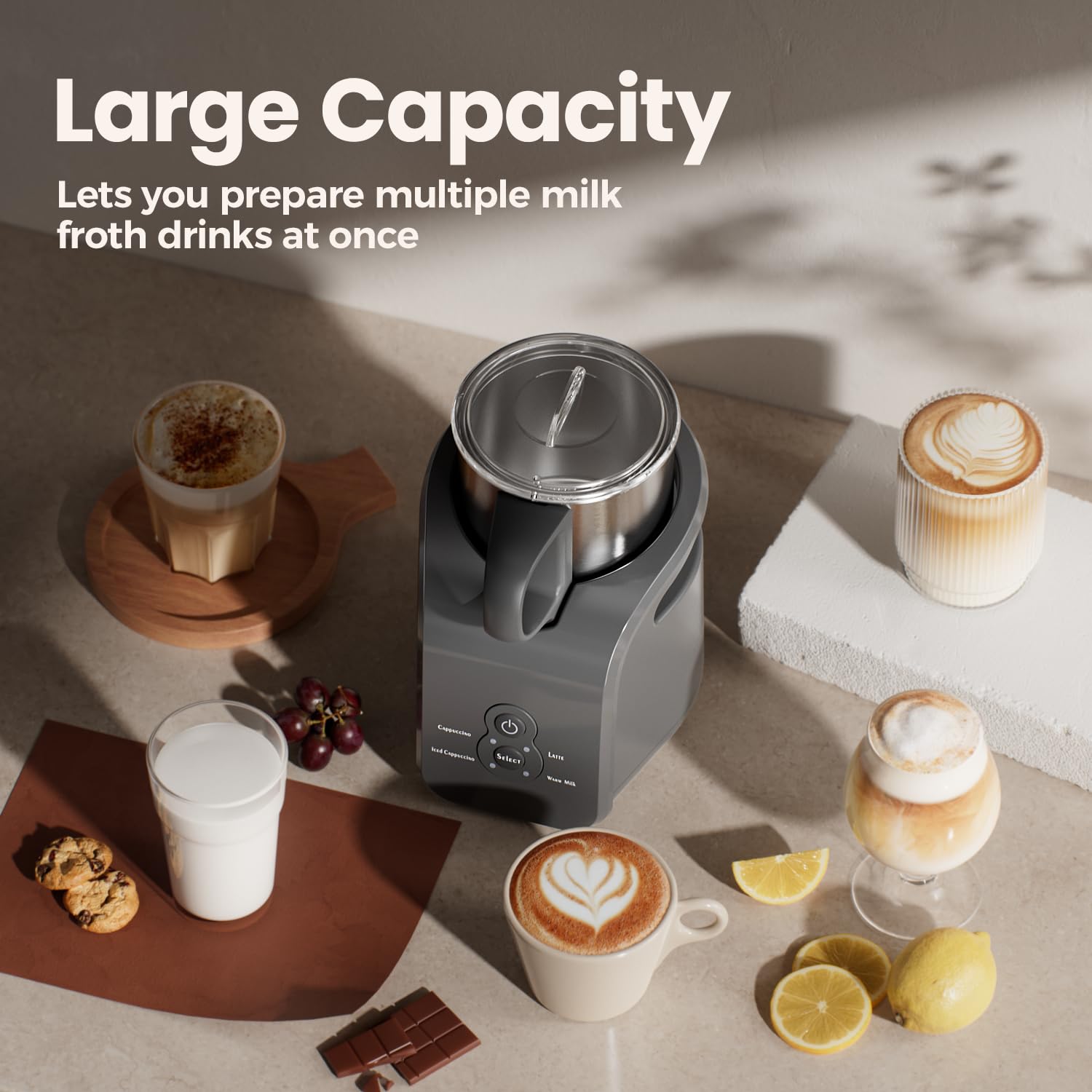 Espumador de leche, vaporizador eléctrico, máquina automática de espuma de capuchino caliente y frío 4 en 1, calentador de leche de 12.5 onzas para latte, macchiato, acero inoxidable