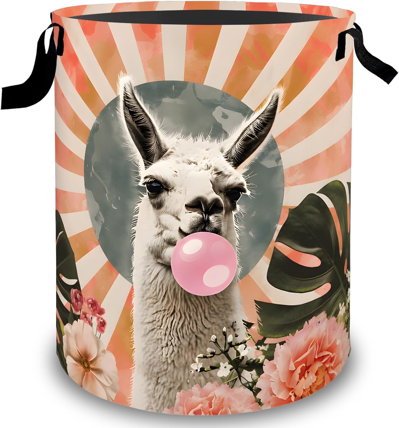 Llama Laundry Basket Hamper, Organizer Bins Gifts for Women Kids, Floral Bubble Gum Animal Art Foldable Waterproof Clothes Hamper Handles Storage Bucket for Bedroom Bathroom Room Decor 19.7"x15.7"