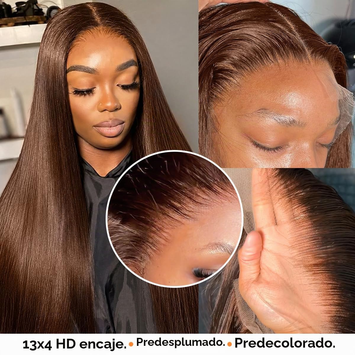 Hermosa Pelucas de cabello humano con encaje frontal marrón de 13 x 4 pulgadas, con abuelitos, densidad 180, pelucas de cabello humano lacio HD con encaje frontal, línea capilar prearrancada, peluca