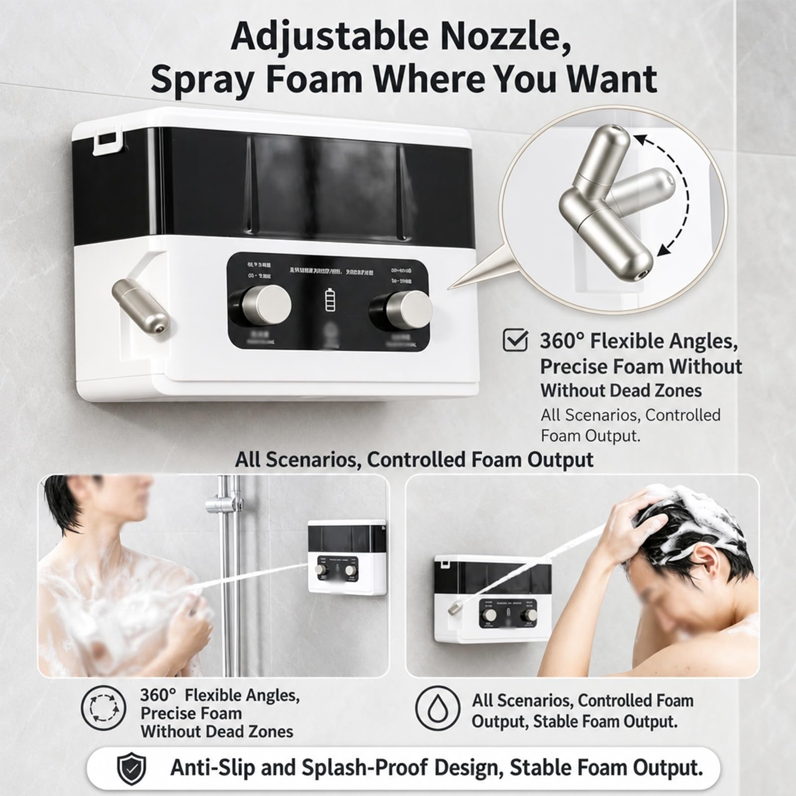 Cabezal de Ducha Inteligente con Espuma, de Pared, Boquilla Ajustable | Batería recargable de 2200 mAh, 2 modos, capacidad de 840 ml, para baño y champú, material ABS, ideal para baño y hotel