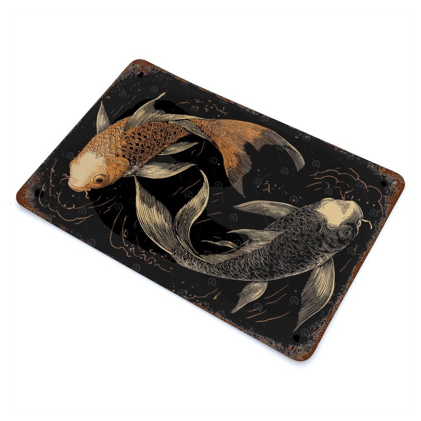 Two Koi Fish Yin Yang 11.8"x7.9" Vintage Metal Tin Sign, Novelty Wall Decor for Basement, Hobby Room And Garage Decor