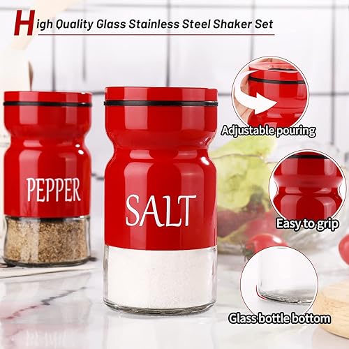 Miniatura 4 de Juego de saleros y pimenteros, saleros y pimenteros de granja con agujeros ajustables para verter, salero y pimentero moderno, salero rojo