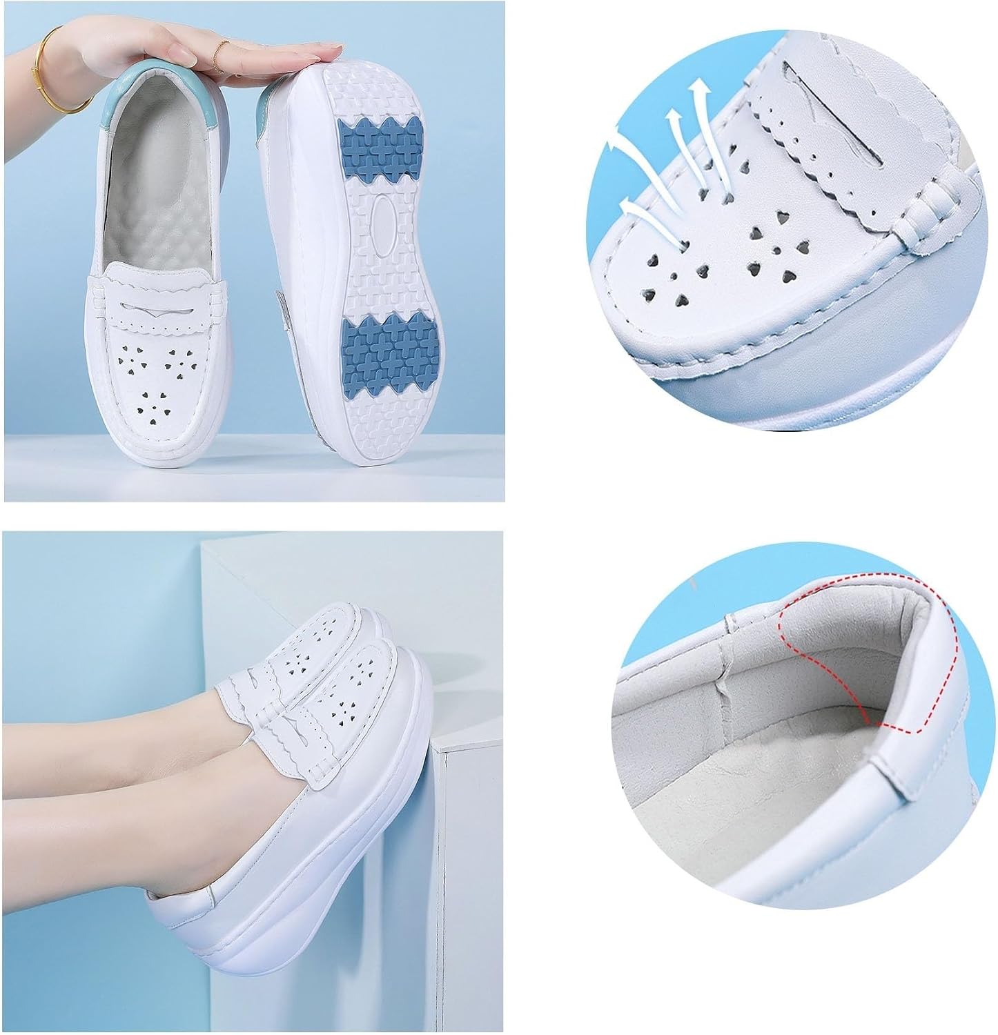 Women's White Slip-On Lightweight Hollow Out Breathable Nursing Working Shoes, Leather Comfortable Non-Slip Flat Soft Bottom Shoes Loafers, Ideal for Nurse Healthcare Crews