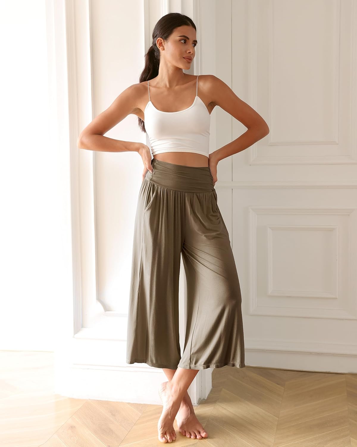 ODODOS Women's Wide Leg Palazzo Lounge Cropped Pants with Pockets Light Weight Comfy Pajama Capri Pants-20/22"/ 24" Inseam - Image 4