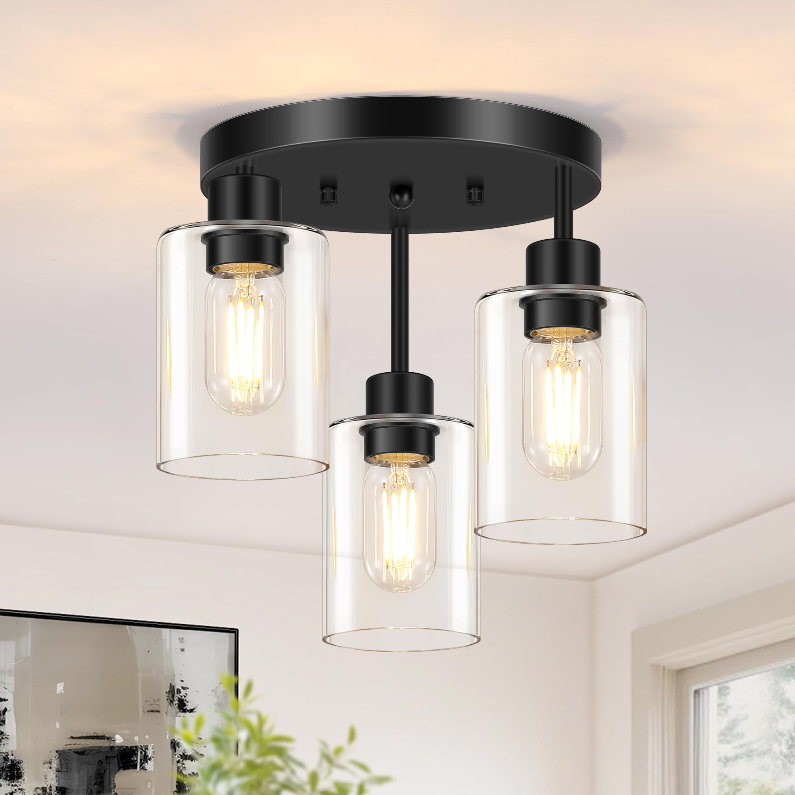 Farmhouse Flush Mount Ceiling Light, Black 3-Light Hallway Light Fixtures Ceiling with Clear Glass Shades, Light Fixtures Ceiling Mount for Kitchen Living Room Foyer, E26 Base