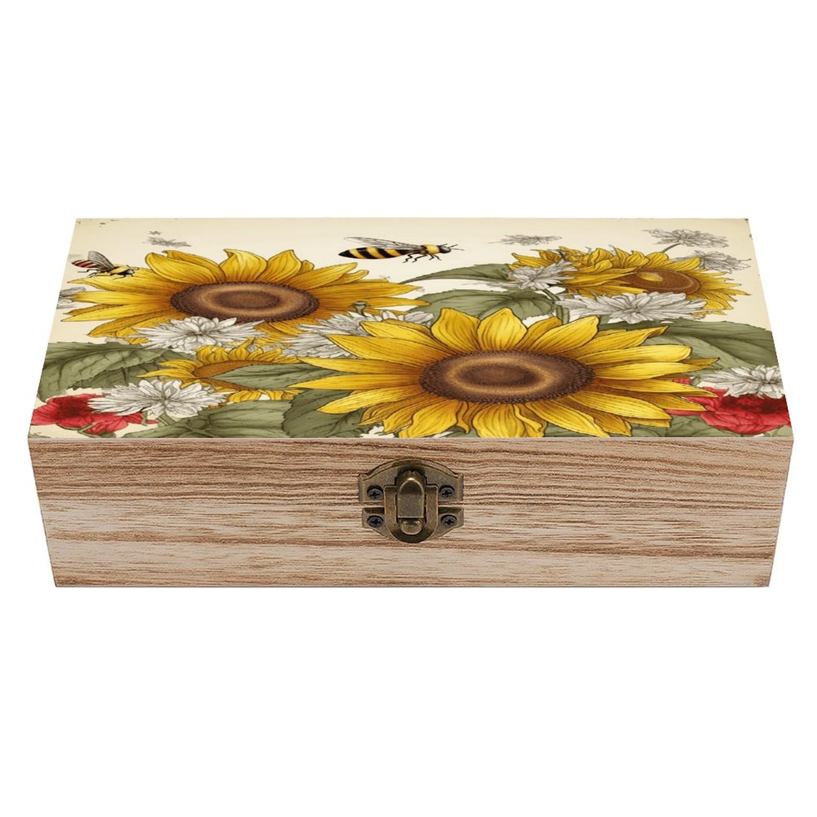 VstaDank Bees Sunflowers Daisy Rose Flowers Wooden Storage Box Decorative Jewelry Case with Lids Exquisite Wood Box Letters Gifts Acacia Wood Boxes Fashion Wooden Keepsake Boxes for Men Women