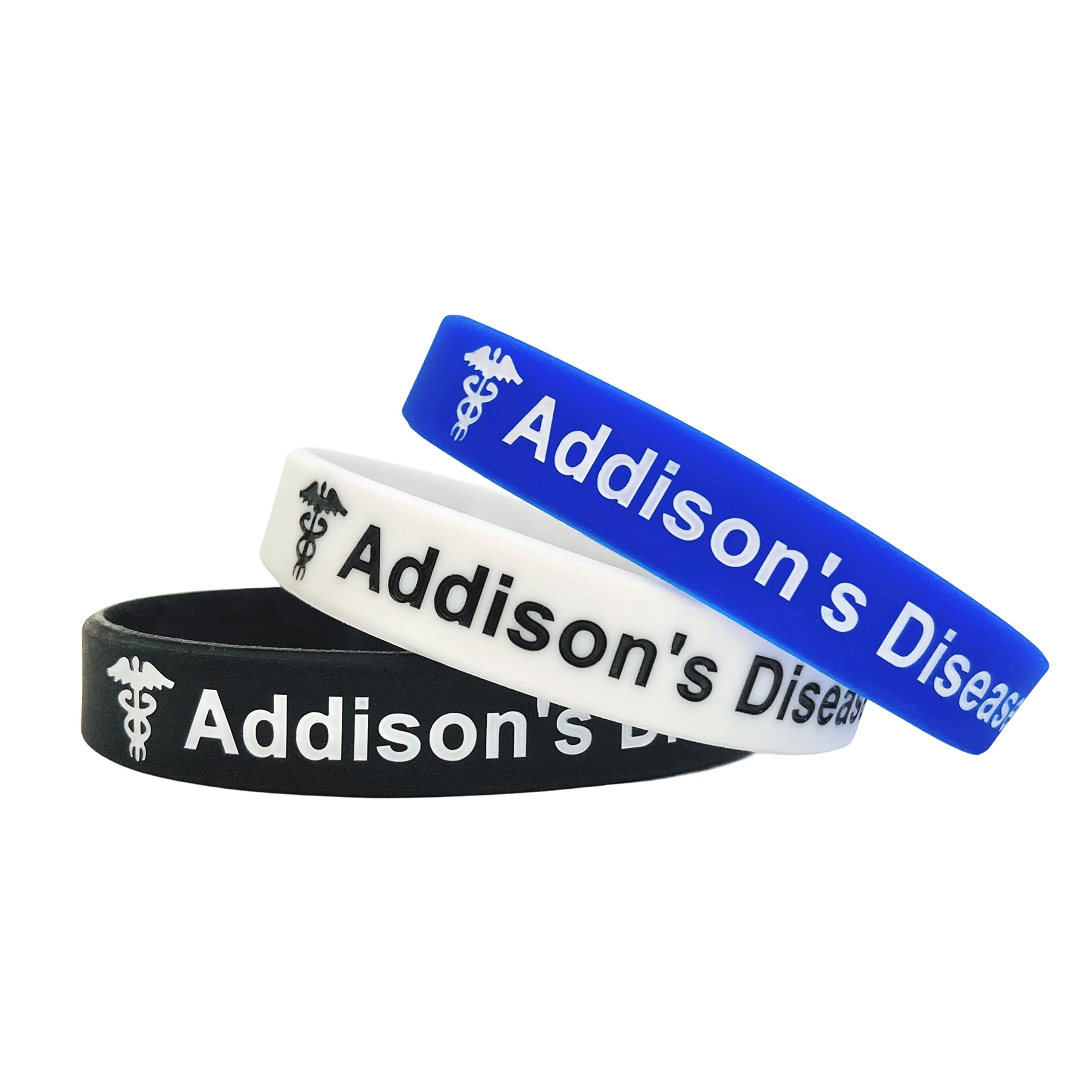 Addison's Disease - Enfermedad de Addison, Juego de 3 Pulseras de silicona Negro Blanco Azul para alerta médica emergencia identificación médica para hombres y mujeres