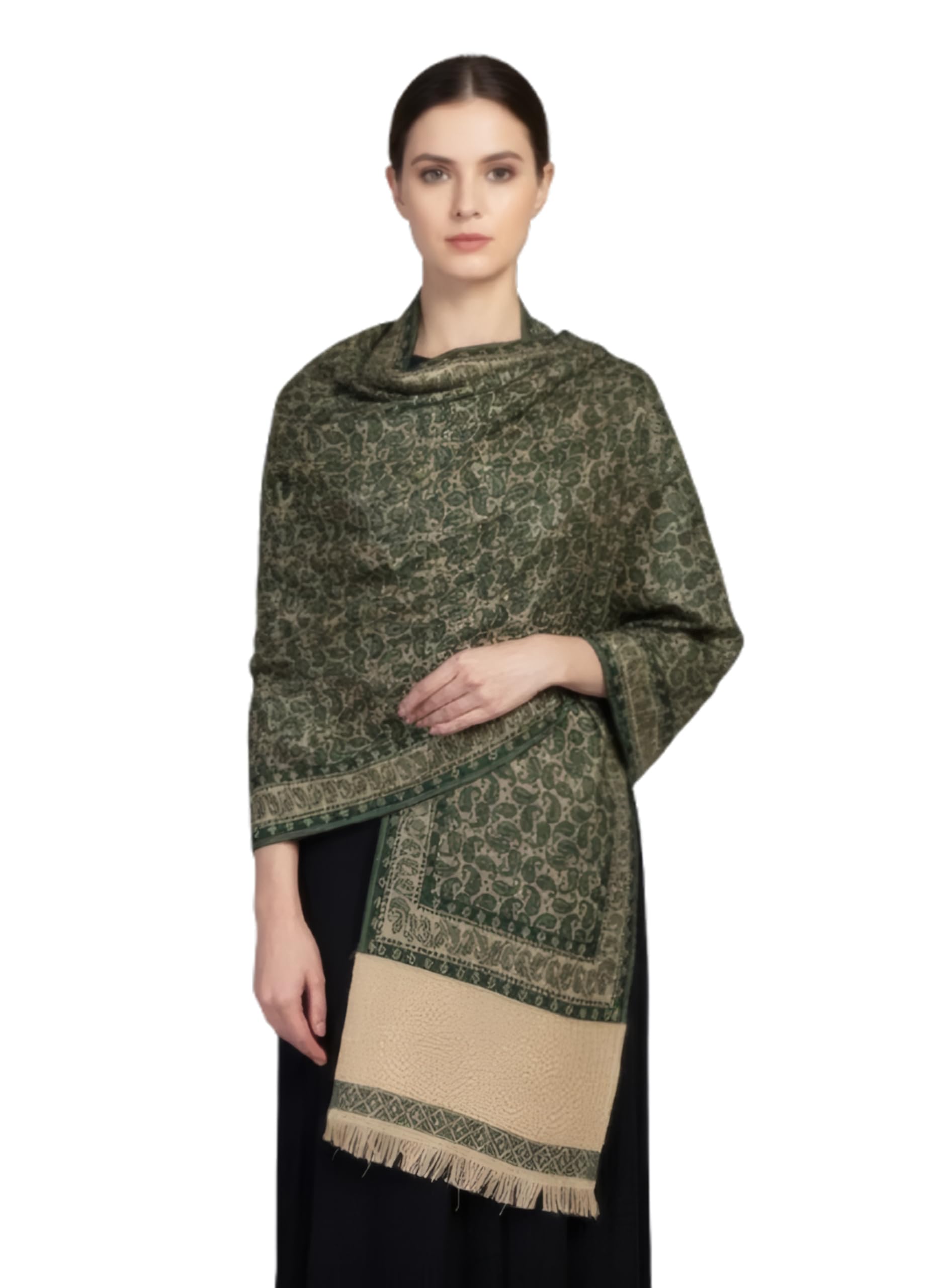 Semi Pashmina Shawl for Women in Green Paisley Design, Soft Beige Winter Stole for Ethnic & Casual Wear-image-36