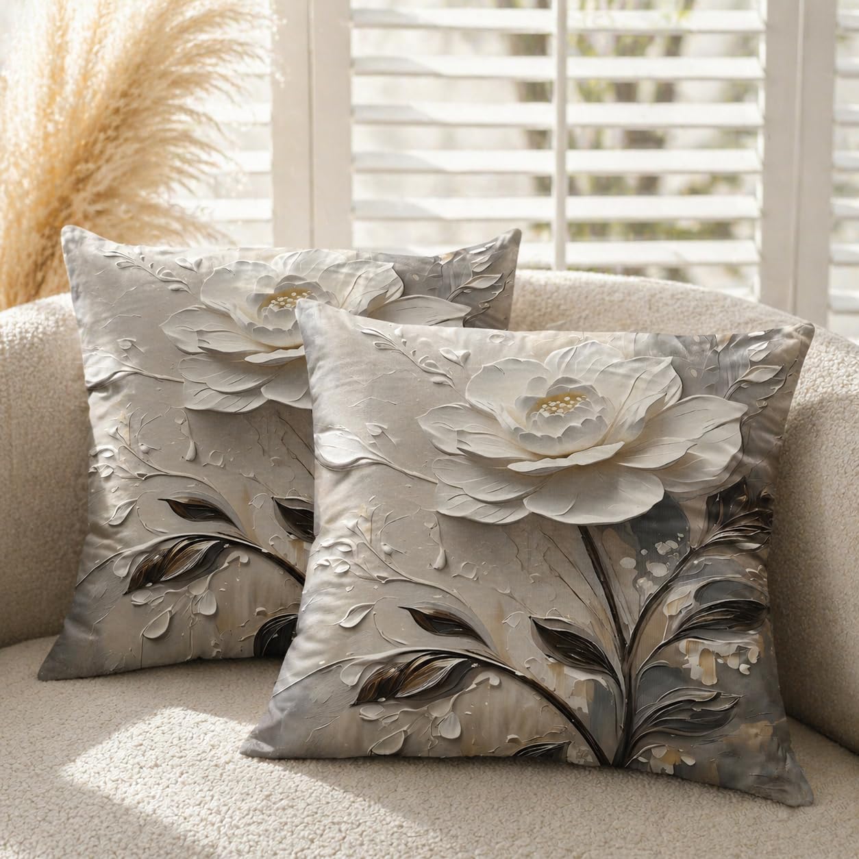 Gemdoit Cushion Cover 45x45cm, Luxury Floral Throw Cushion Cover, Square Sofa Cushion Cover with 3D Flower Design, Modern Minimalist Accent Cushion Cover for Living Room Couch Set of 2 (Cover Only)