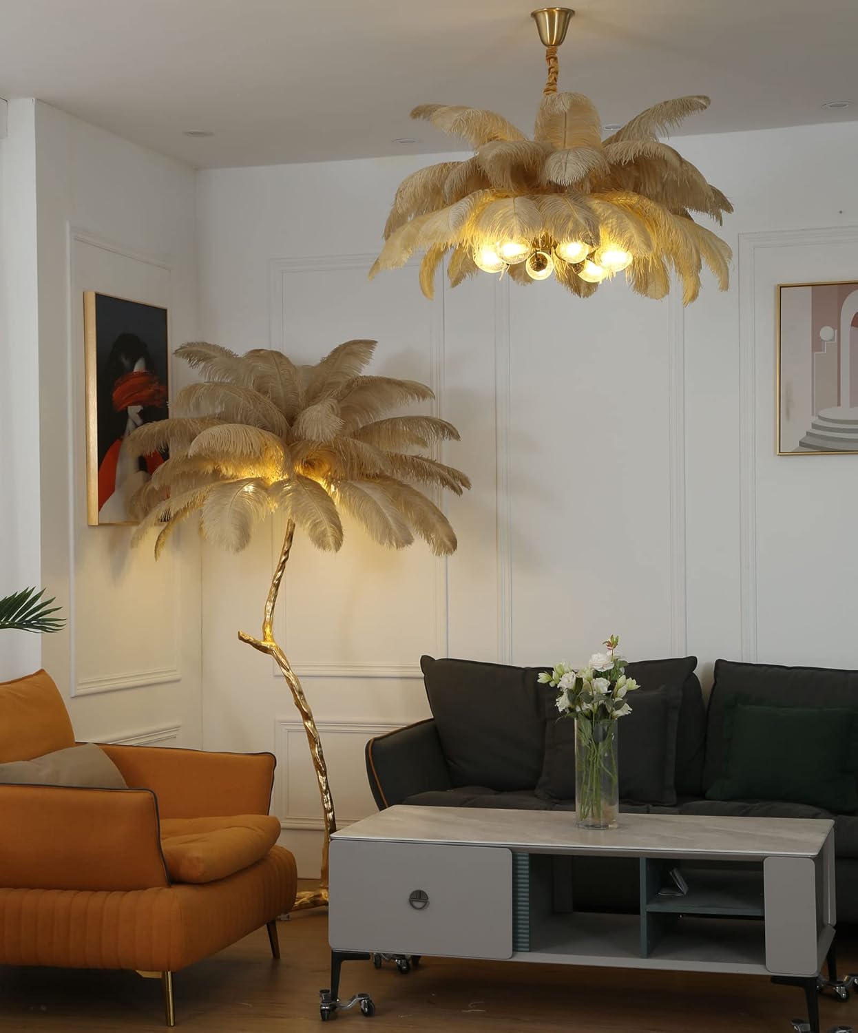 Modern Luxury Real Ostrich Feather Gold Floor Lamp Resin Nordic Standing Lamp Villa Repot Hotel Decor Lighting Romantic Princess Bedroom Bedside Floor Lamp Brown 160cm