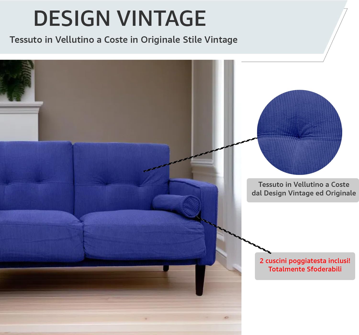 GARDENIA Divano fisso rivestimento in Vellutino e imbottitura in Poliestere, con Gambe in Legno e Cuscini Sfoderabili JoY, Blu, 130x75xH73 CM