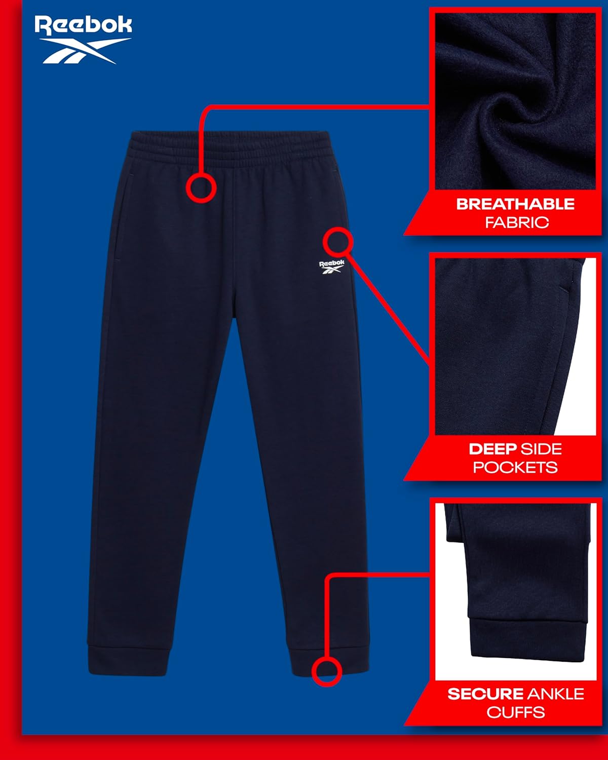Reebok Boys Sweatpants - Soft Performance Fleece Boys Joggers Athletic Pants with Elastic Waist & Pockets (Sizes Run Small) - Image 2