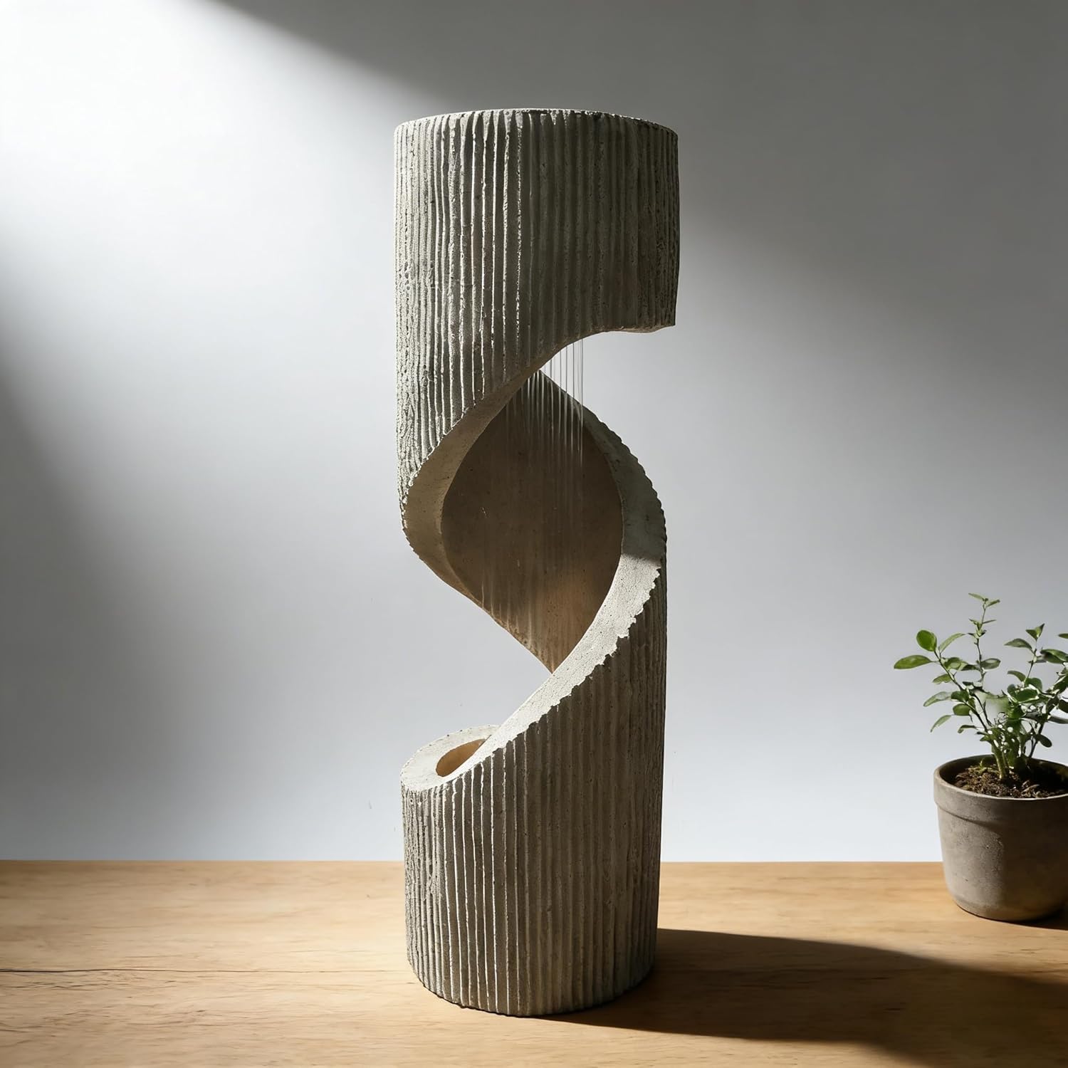 Large Spiral Waterfall Fountain with LED and Planter - Indoor/Outdoor Resin Garden Water Feature, Decorative Waterfalls & Fountains for Patio, Yard 11.8"x11.8"x39.4"(Gray) (Beige)