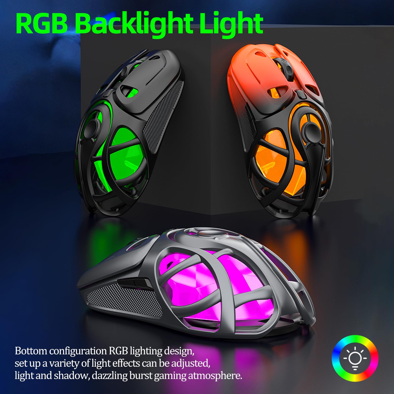 Mouse da gioco wireless fino a 10K DPI, mouse wireless Tri-Mode 2.4G/BT5.0/USB-C, 7 pulsanti programmabili, retroilluminazione RGB, mouse ergonomico ricaricabile per PC, Mac/laptop (arancione sfumato)