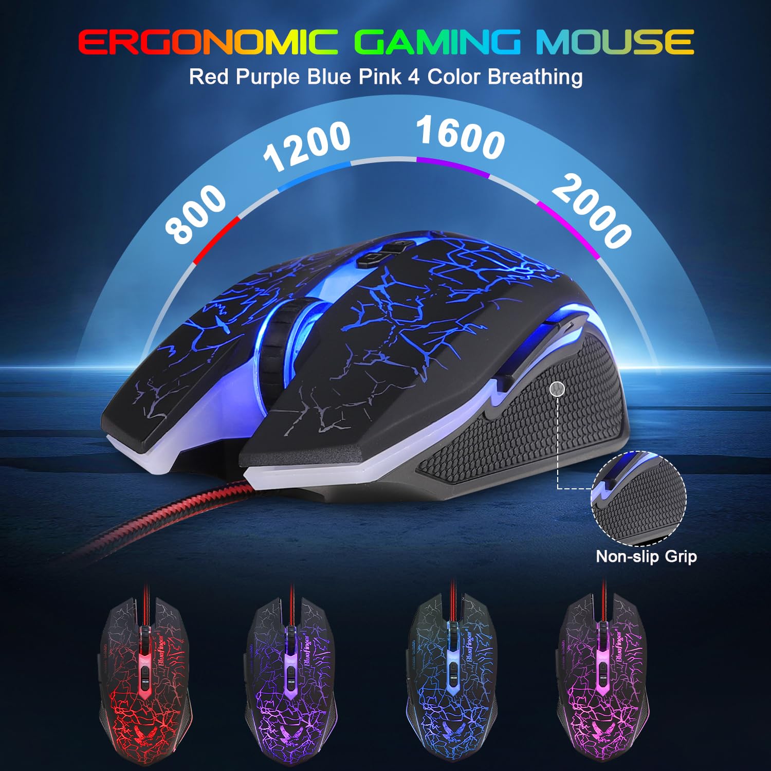 BlueFinger Tastiera da gioco retroilluminata, mouse e cuffie a LED, con cavo USB, retroilluminato a 3 colori, con luce LED blu, set per lavoro e gioco