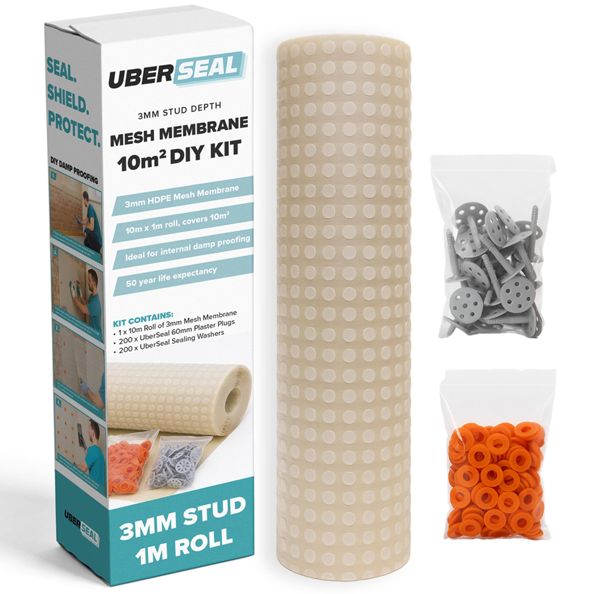 UberSeal 3mm Mesh Damp Proof Membrane Kit โ 10mยฒ Internal Wall Waterproofing Solution โ Includes 100 Plaster Plugs & 100 Sealing Washers โ Mould Resistant