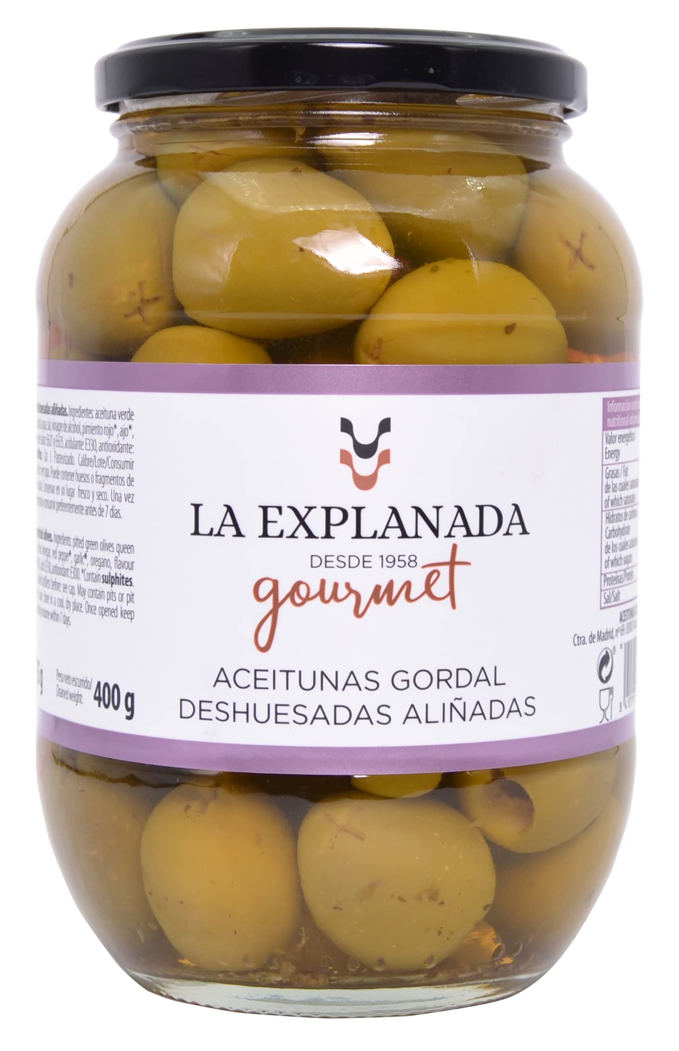 La Explanada - Entsteinte und gewürzte Gordal-Oliven - Grüne Oliven - 400 g