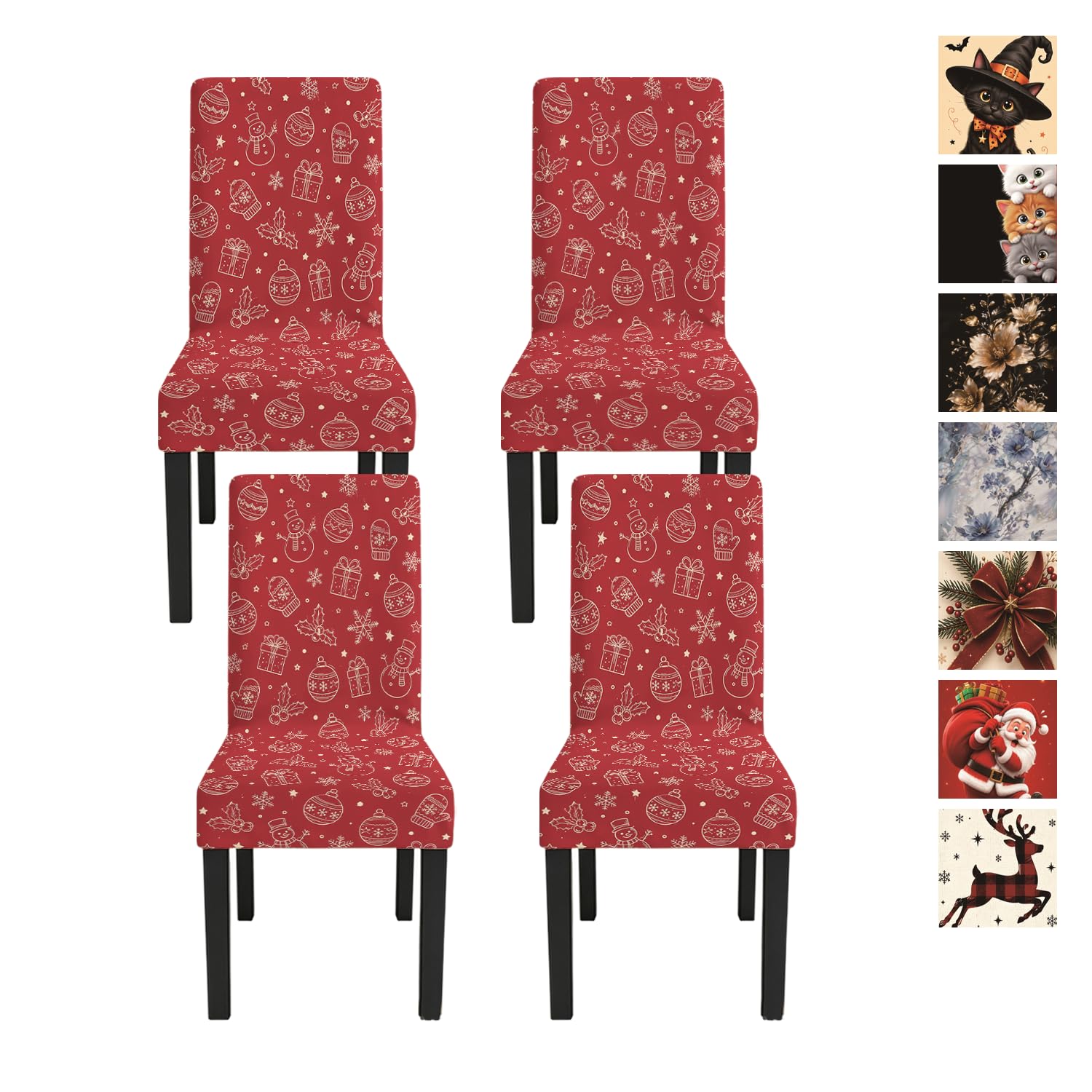 4 Pack Stretch Chair Covers, Red Christmas Ornament Snowman Slipcovers
