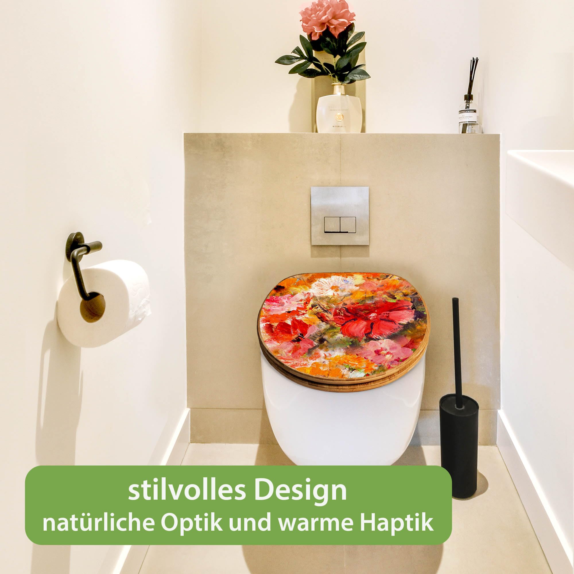 banjado Design WC Sitz Bambus Absenkautomatik 45,8x37,5cm - Toilettendeckel mit Absenkautomatik Holz - hochwertiger Bambus Klodeckel - WC-Sitz für gängigen Toiletten - Motiv Fallende Blumen