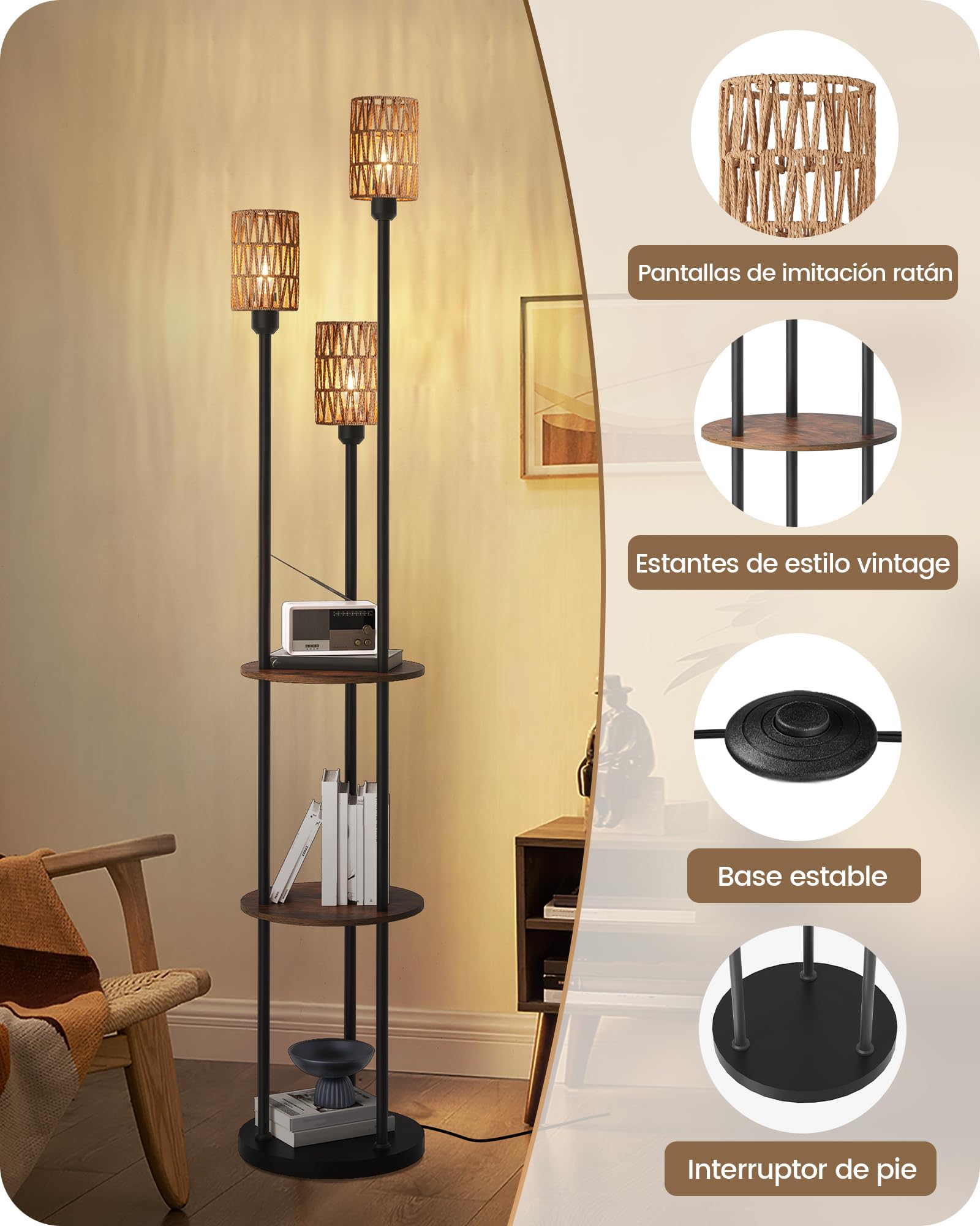 Lámpara de Pie con Estante, Estilo Bohemio, con 3 Pantallas de Imitación Ratán y 1 Interruptor de Pie, para Sala de Estar, Dormitorio, Oficina, Marrón Rústico y Amarillo