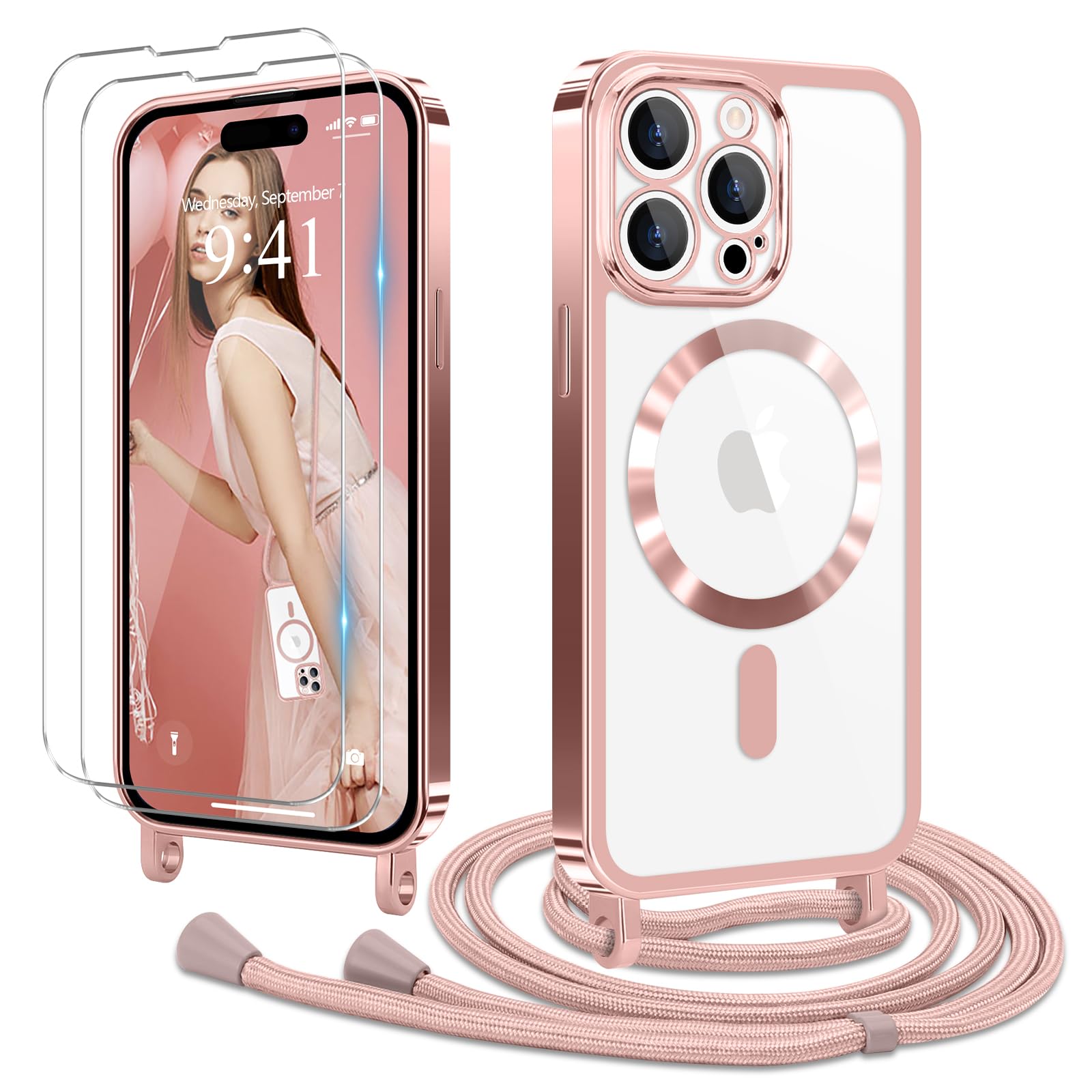 Ethanger Magnétique Coque pour iPhone 15 avec 2×Verre Trempé [Compatible avec Magsafe] [Carte à Paillettes et dragonne] Coque Transparente Silicone Mat Cover pour iPhone 15 Titan Rose
