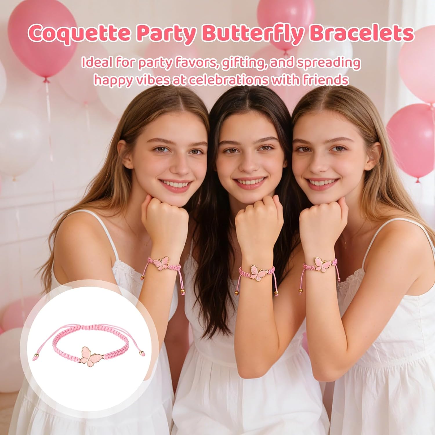ZALIR 24 Pcs Bulk Butterfly Bracelets, Adjustable Pink Braided String with Alloy Butterfly Charm & Gold Beads, Coquette Party Favors for Women & Teens (6.3-12.6 Inch) - Image 3
