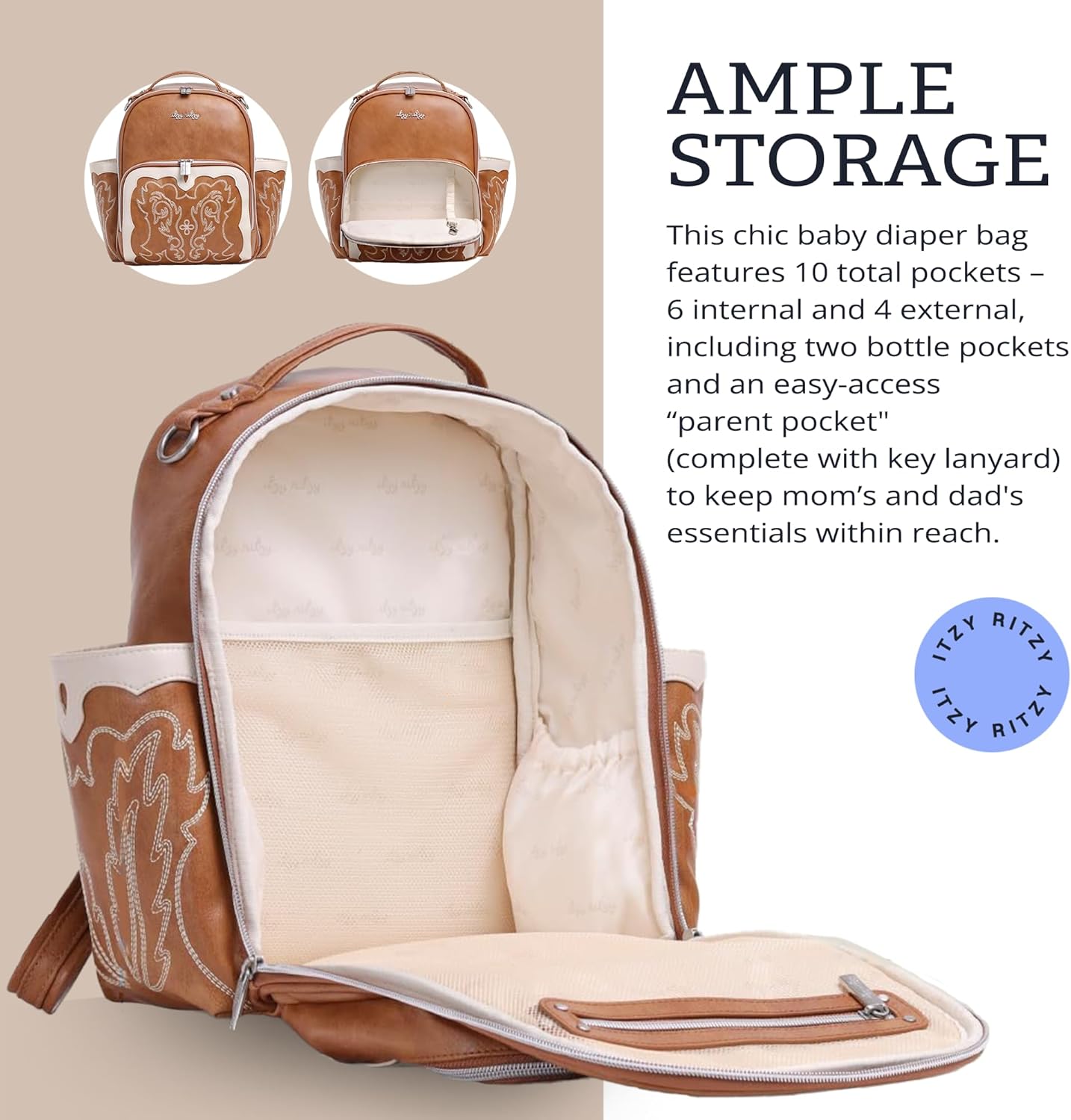 Itzy Ritzy Mini Diaper Bag Backpack – Chic, Compact Mini Plus Backpack with Changing Pad, 10 Pockets (6 Internal, 4 External), Grab-Top Handle & Rubber Feet (Saddle)