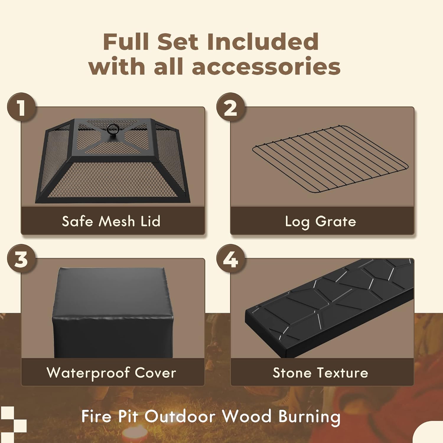 Devoko 32 inch Metal Outdoor Fire Pit Table Multiuse Square Patio BBQ Firepit with Spark Screen Lid and Waterproof Cover for Camping, Outside Wood Burning and Picnic