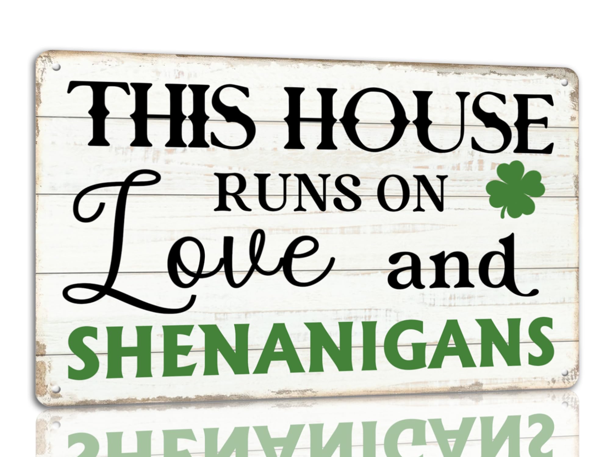 SMAZDFXX St Patrick's Day Tin Sign This House Runs On Love And Shenanigans Metal Signs Irish Holiday Decor Green Shamrock Lucky Clover Wall Hanging Decorations For Home Kitchen Office 5.5"x8"
