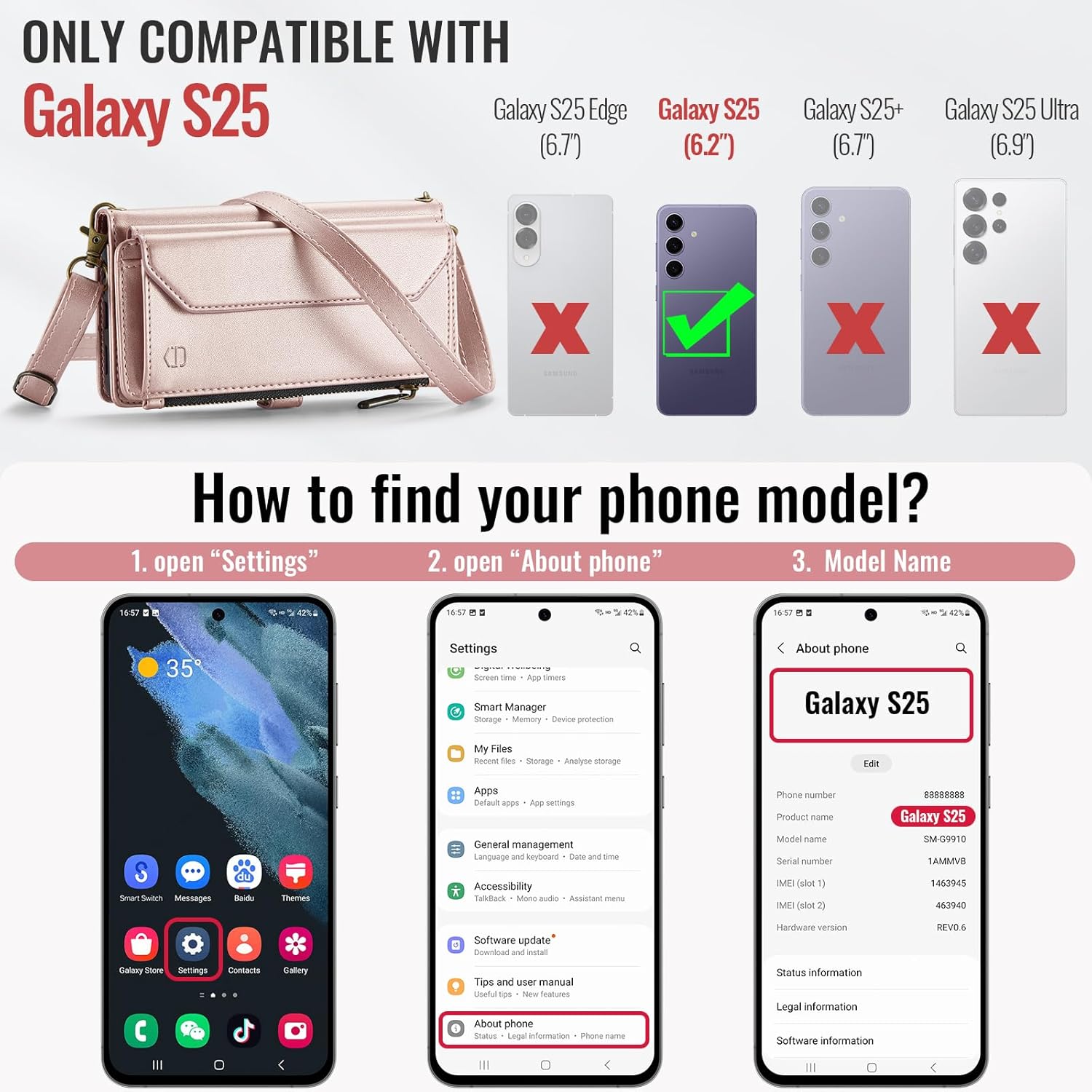 Wallet Case Compatible with Samsung Galaxy S25 5G RFID Blocking Card Holder Soft PU Leather Magnetic Snap Shoulder Strap Zipper Pocket Phone Case Fit for Galaxy S25 - Rose Gold - Image 6