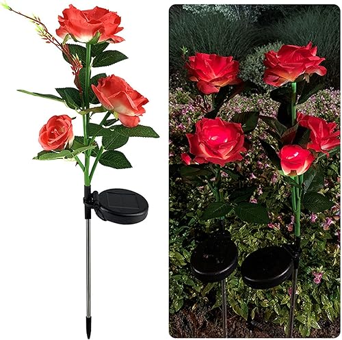 Miniatura 2 de Flores artificiales, rosas falsas, plantas de imitación para interiores, luces rojas, cabeza solar LED para decoración de jardín, lámpara solar para