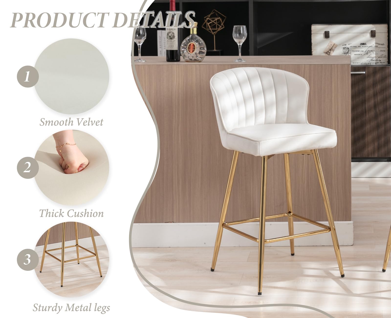 Ya-Home Set di 2 Sgabelli da Bar in Velluto con Gambe in Metallo Dorato, Beige