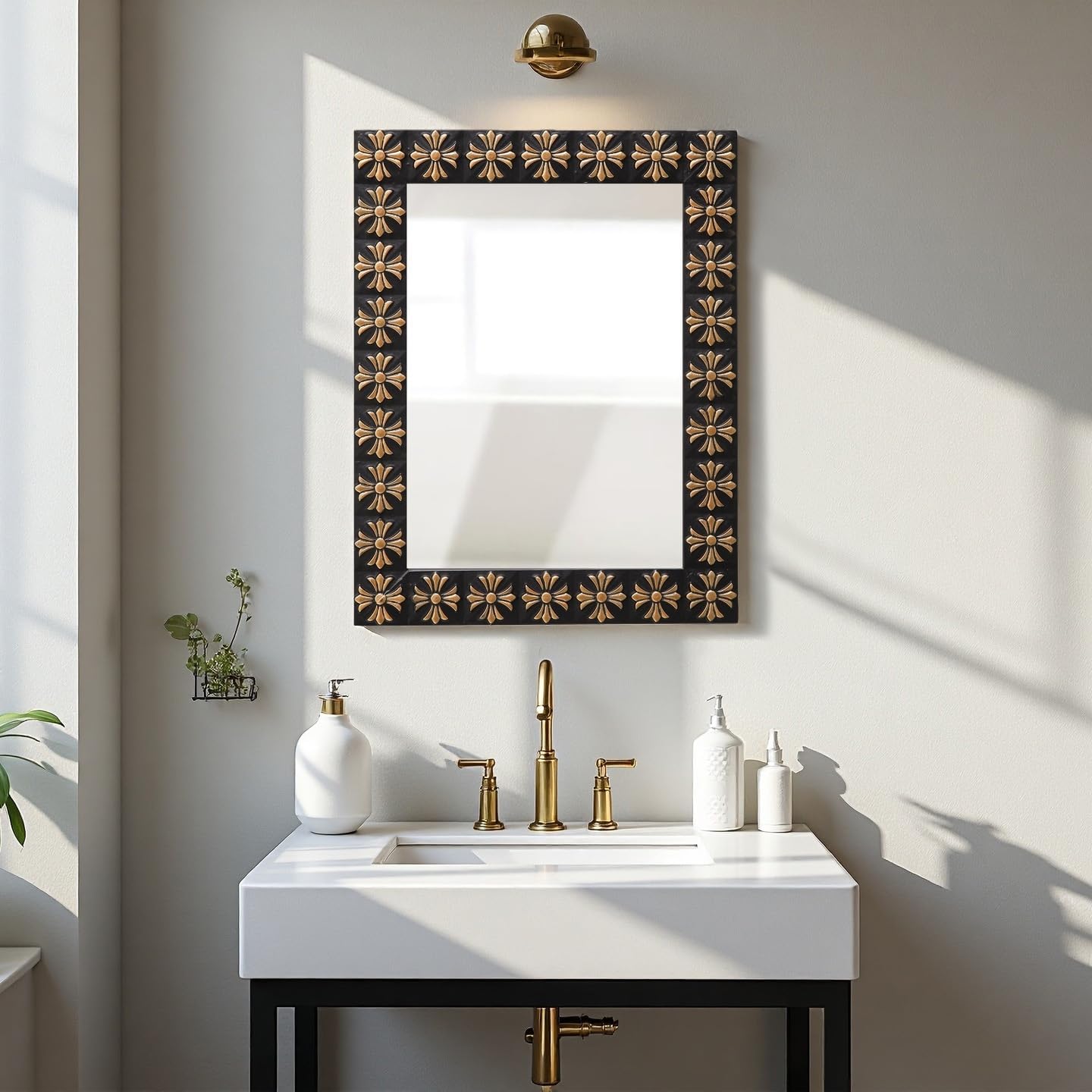 Vintage Mirrors for Wall 30 X 24 Inch, Hanging Distressed Finish Gold Floral Carved and Black Wooden Frame Rectangle Wall Mirrors for Bathroom Living Room Bedroom, Horizontal or Vertical