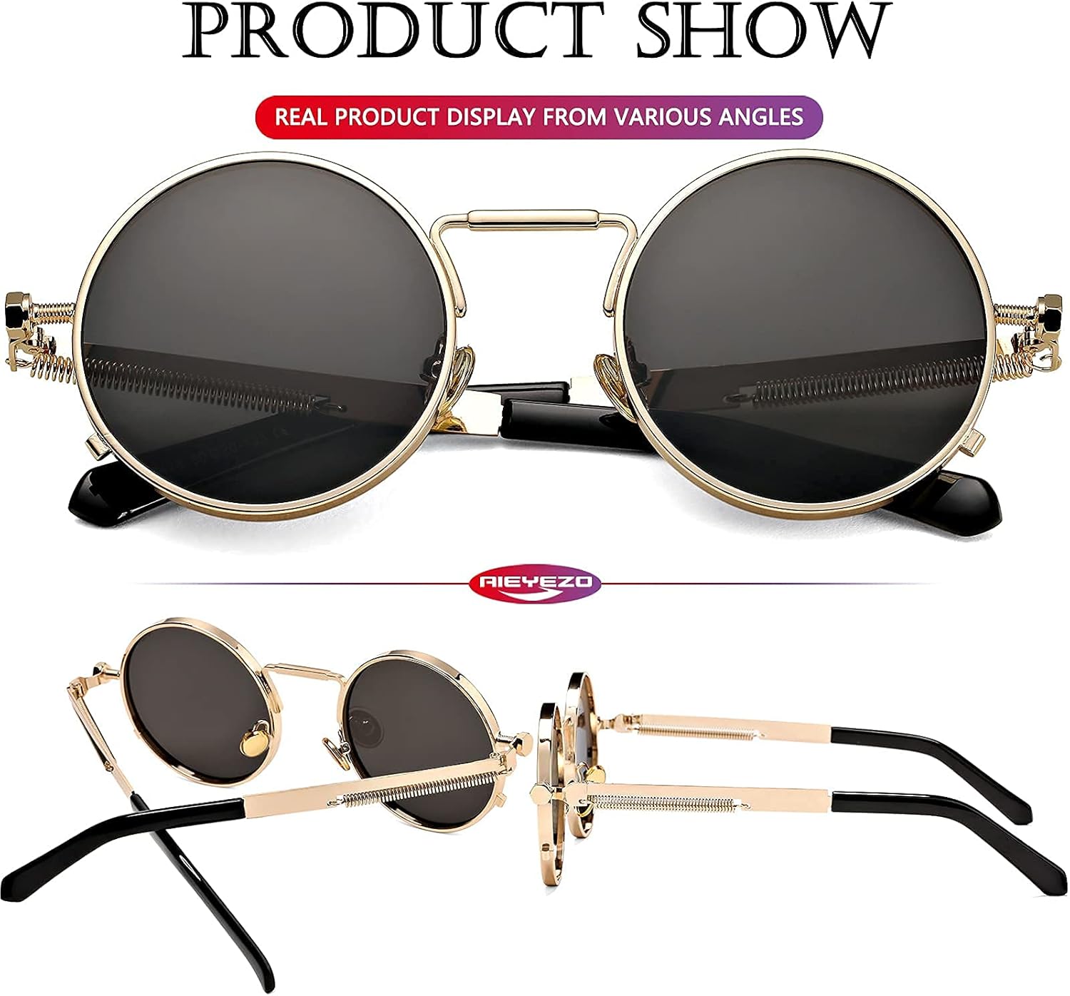 AIEYEZO Round Steampunk Sunglasses Trendy Retro Circle Glasses Gothic Metal Frame 100% UV Blocking Lens - Image 5
