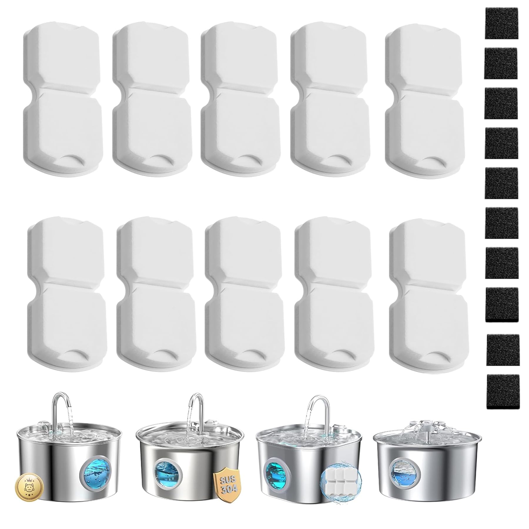 10 Pack Stainless Steel Cat Water Fountain 20 Filters,Cat Water Fountain Filter Replacement (10 Carbon Filters & 10 Foam Sponges Compatible) with S11 Pet Water Fountains ﻿ ﻿