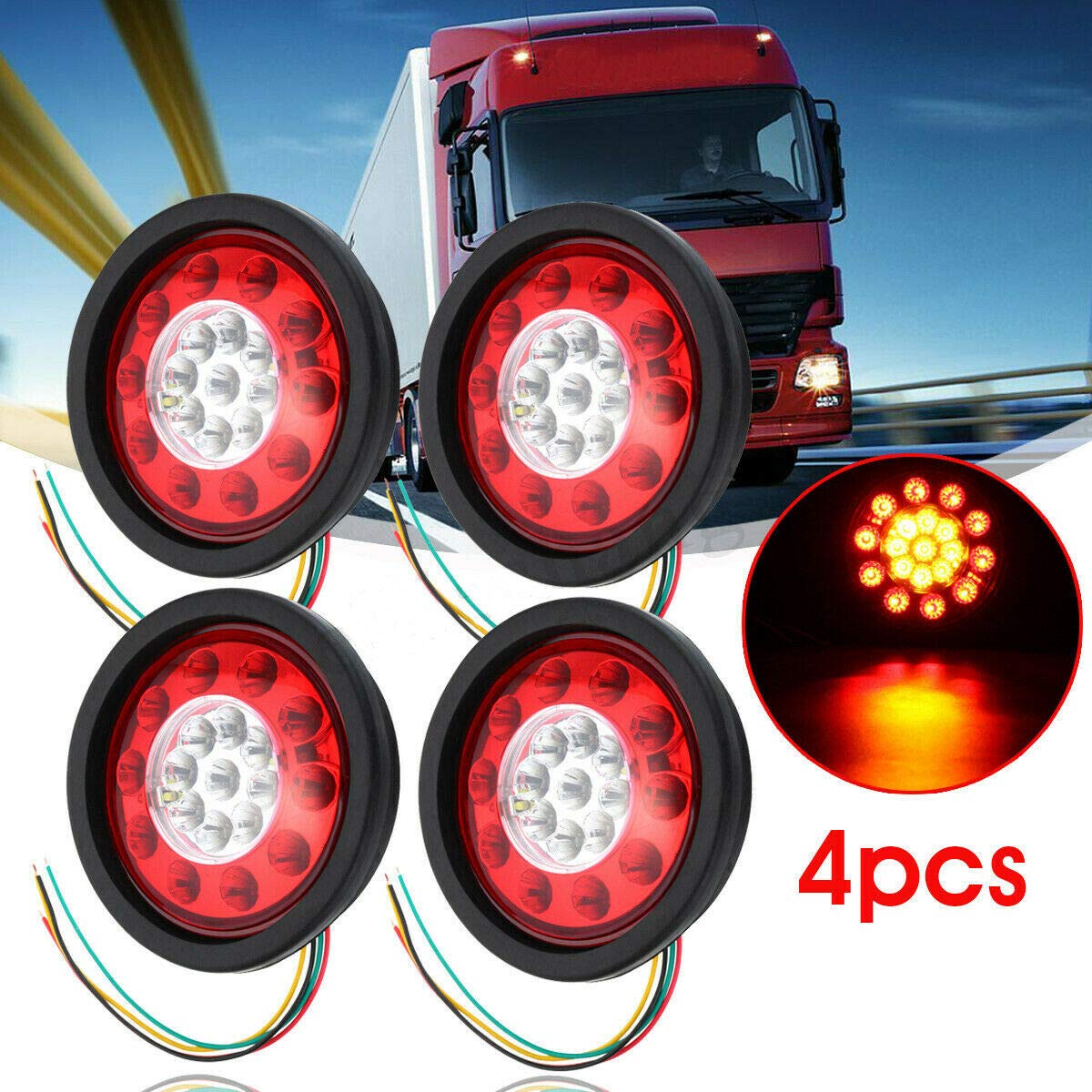 Okrągłe światło hamowania LED, 4 x 4,37 cala 19 LED czarne gumowe światło hamowania tylne kierunkowskazy kierunkowskazu lampa sygnałowa hamulca pasuje do samochodu ciężarowego (kolor żółty LED)