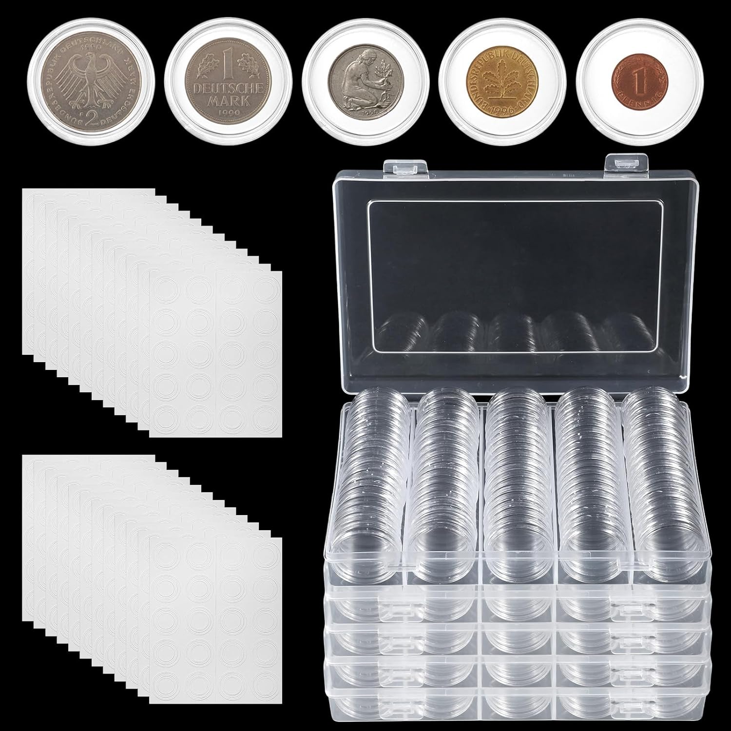 500 Pcs Coin Capsules Holder, 5 Sizes (17/20/25/27/30mm) Organizer Box with Foam Gasket, Clear Plastic Storage Case for Coin Collection Supplies