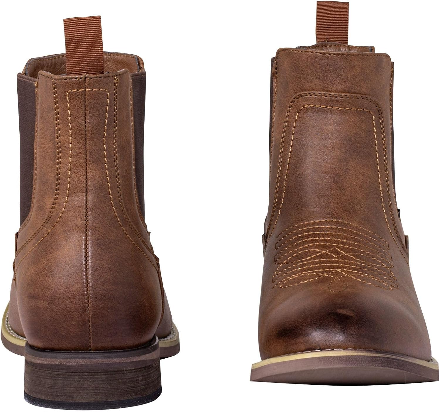 J's.o.l.e Chelsea Cowboy Boots for Men Western Round Toe PU Leather Dress Casual Work Ankle Boots Brown