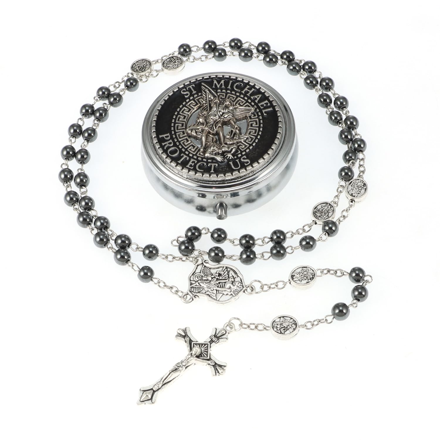 OEMOO Saint Michael the Archangel Hematite Black Stone Beads Catholic Rosary Necklace with Metal Gift Box for Men in Metal Gift Box