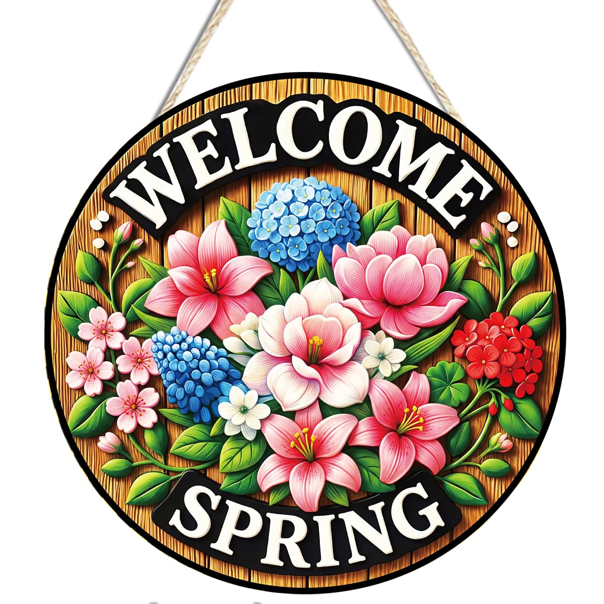 Welcome Spring Floral Metal Hanging Front Door Sign Wall Decor | Vibrant Clolorful Floral Design/For Home Porch Farmhouse/Ready To Hang/12 × 12 inches