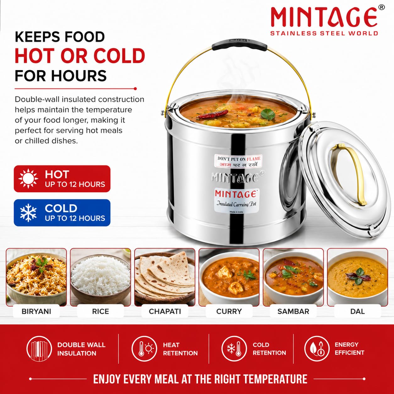 Mintage Sambar Pot Stainless Steel 5 Liters with Lid | Casserole for Cooking with Side Handles | Canteen & Hotel Container | Biryani Box Puff Insulated Hot & Cold 1
