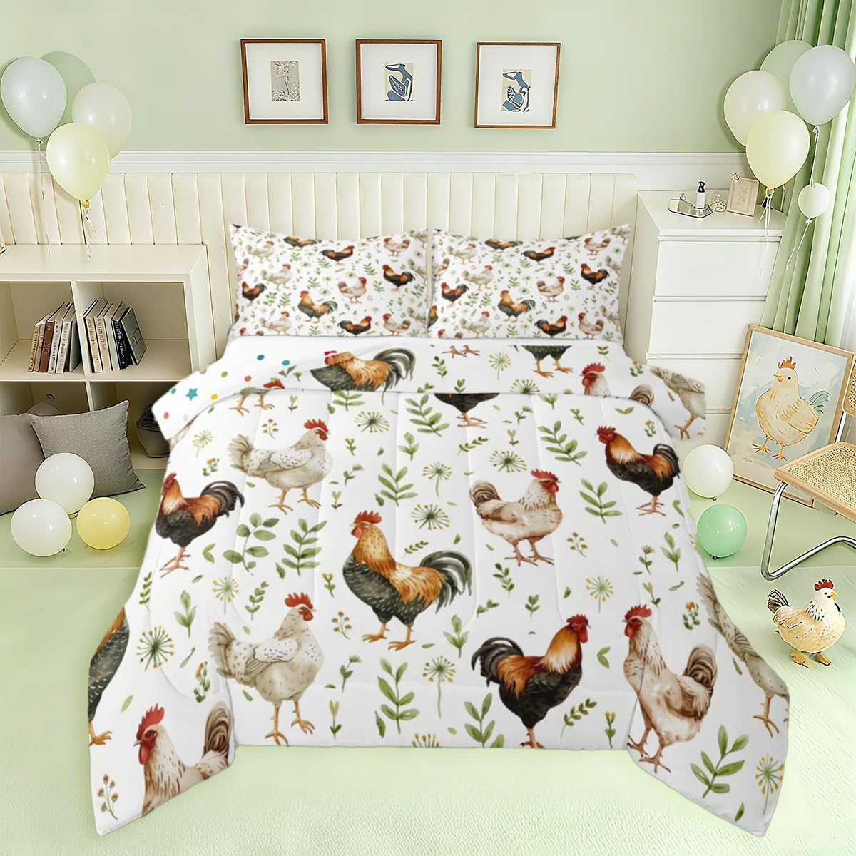 jejeloiu Lovely Chicken Bedding Set Farm Animals Full Size Rural Rooster Duvet Set for Boys Girls Teens Leaf Pattern Comforter Breathable Soft Lightweight Microfiber Room Decor Duvet Quilt