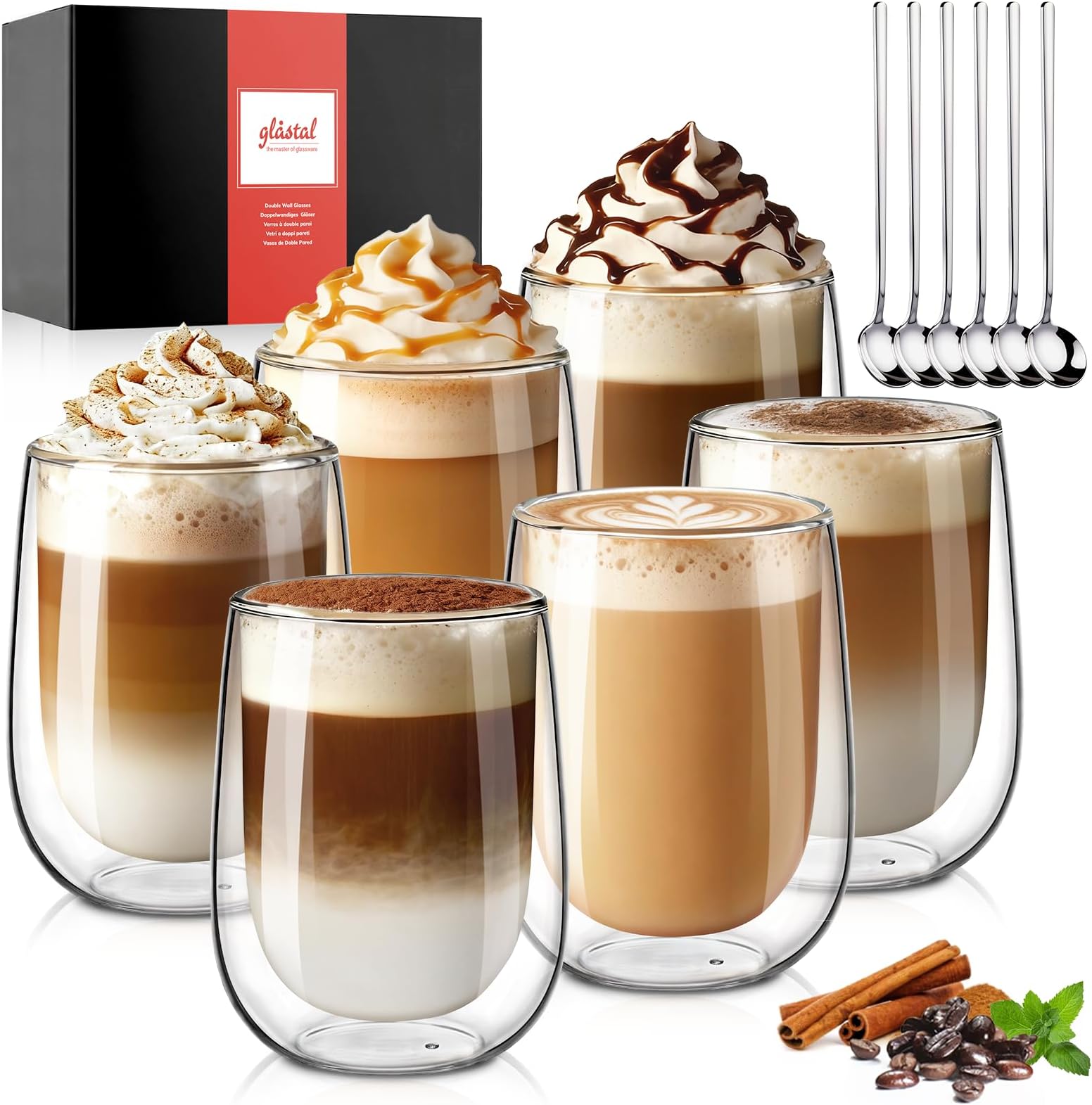 glastal 350ml*6 Glass Coffee Cups, Double Wall Transparent Glasses, Borosilicate Glass Cups for Coffee Milk Tea Latte Macchiato and More