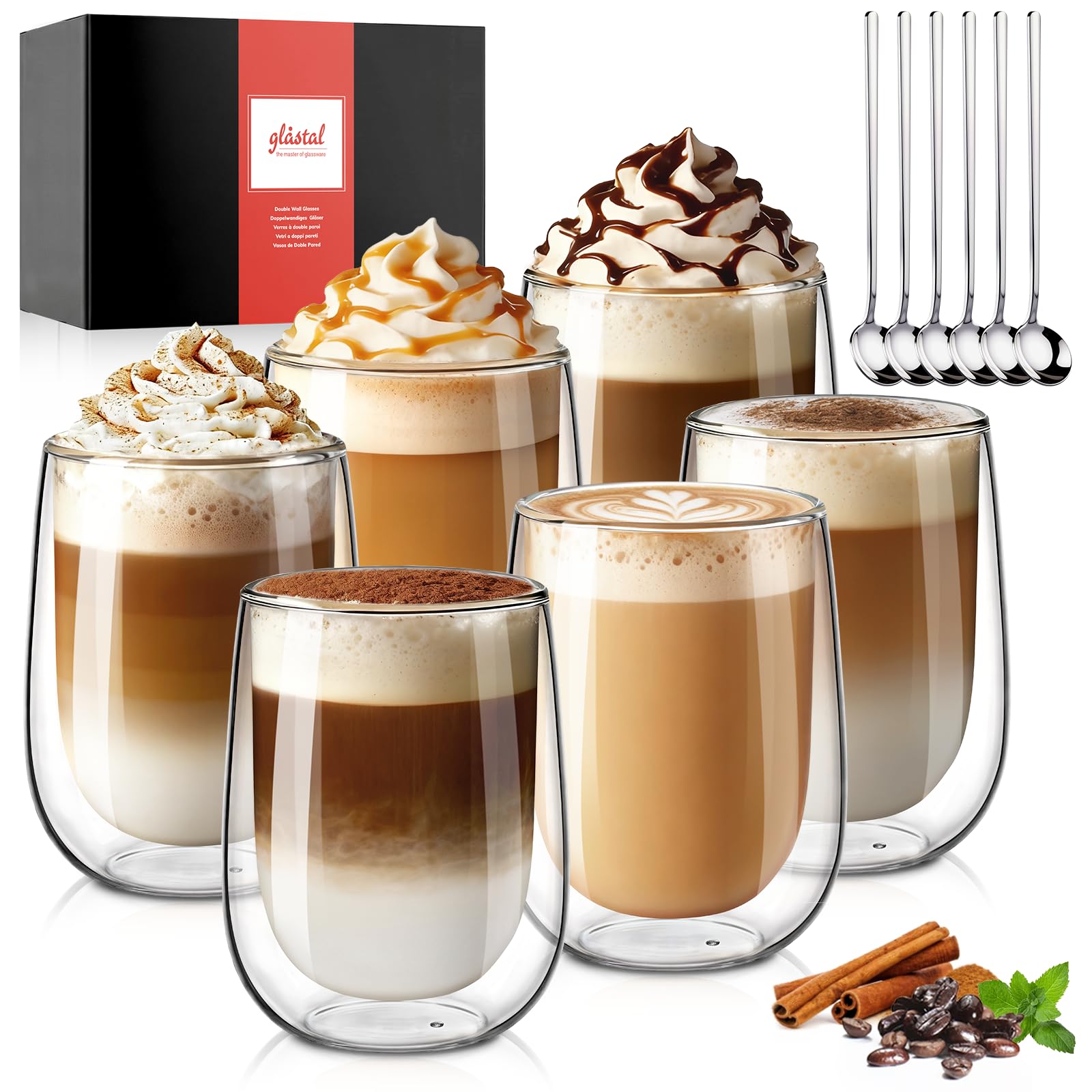 6x350ml Double Walled Coffee Glasses Mugs Cappuccino Latte Macchiato Glasses Cups for Coffee Tea Milk Juice Ice Cream Borosilicate Heat Resistant Glass Cups