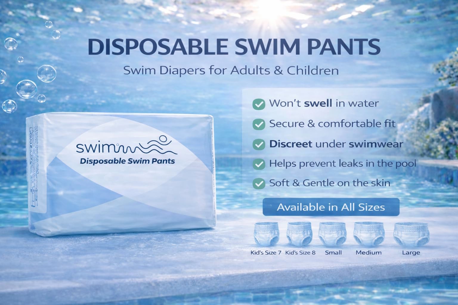 Einweg Schwimmwindeln Kinder – Größe 8 (28–42 kg) – 30 Stück – Diskret & Hautfreundlich – Schutz bei Stuhlinkontinenz – Für sicheres Schwimmen im Wasser
