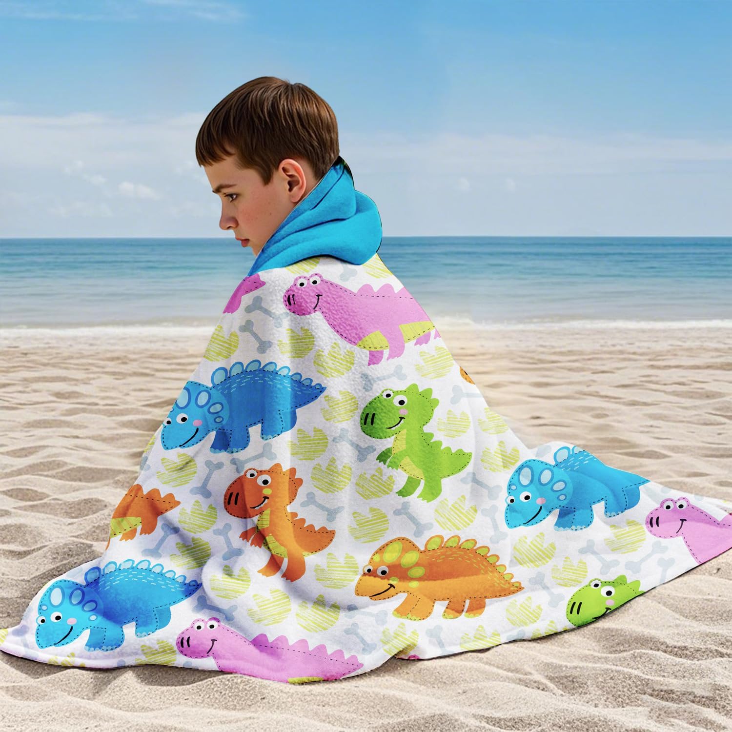 Dinosaur Hooded Beach Towel for Boy, 35" x 60" Kids Poncho Bath Towel for Toddler, Light Blue Soft Absorbent with Hood for 3-10 Years Bathrobe for Swimming Pool Bath