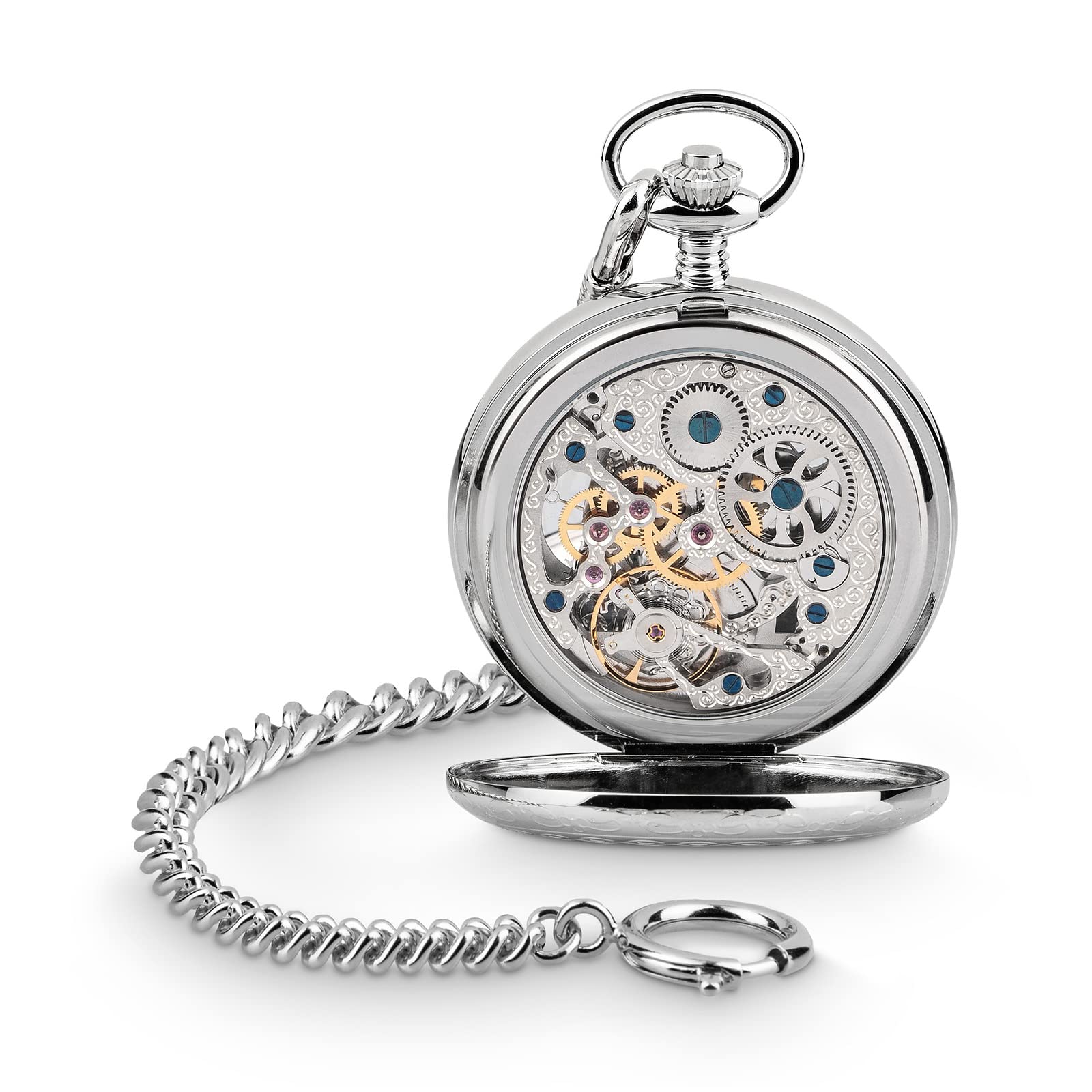 Hermann Jäckle Herren Taschenuhr Calw Skelett Dual Time 50 mm | Made in Germany, Dual Time Anzeige, Handaufzugswerk, beidseitig offen, inklusive Kette und Reiseetui